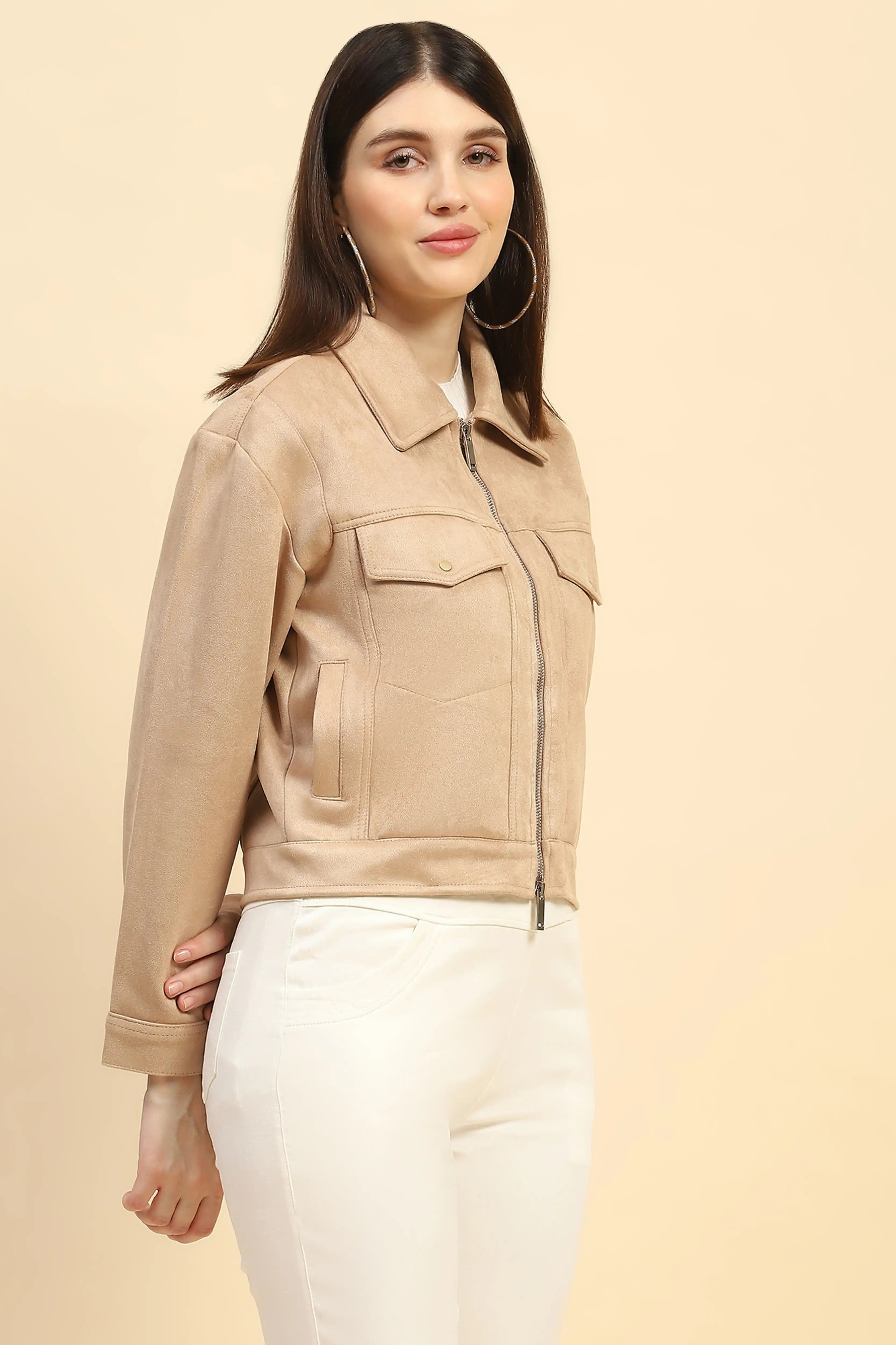 Beige Solid Suede Relaxed Fit Jacket