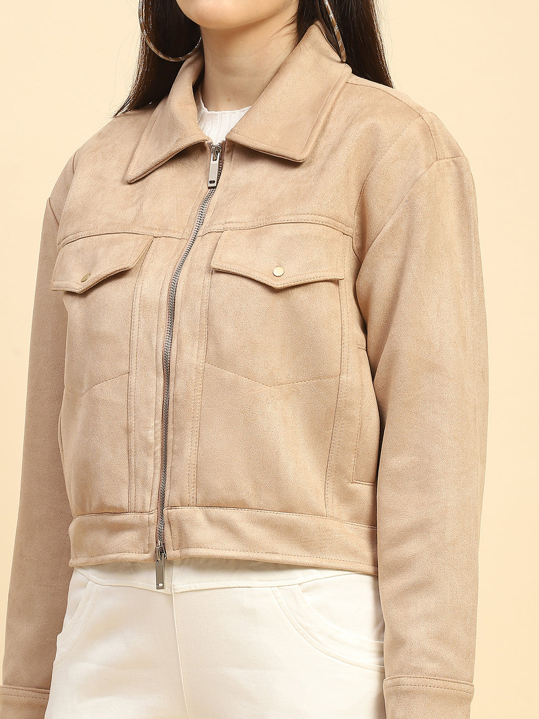Beige Solid Suede Relaxed Fit Jacket - Global Republic