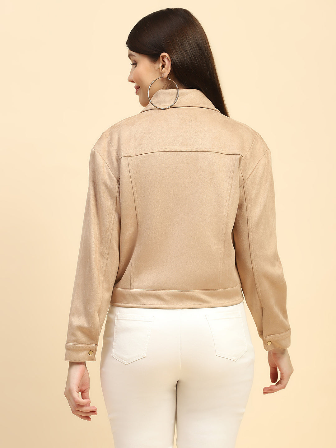 Beige Solid Suede Relaxed Fit Jacket - Global Republic