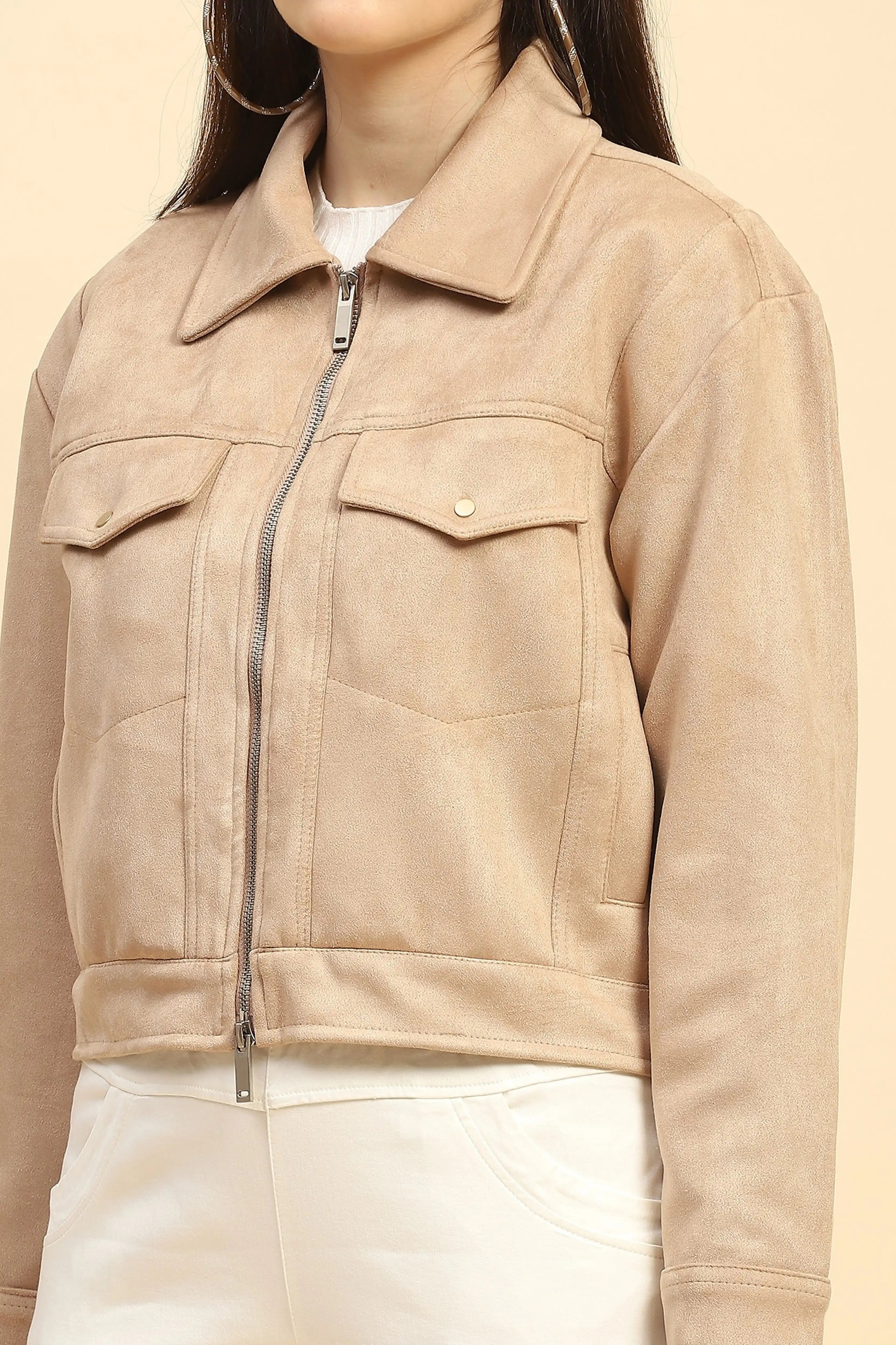 Beige Solid Suede Relaxed Fit Jacket