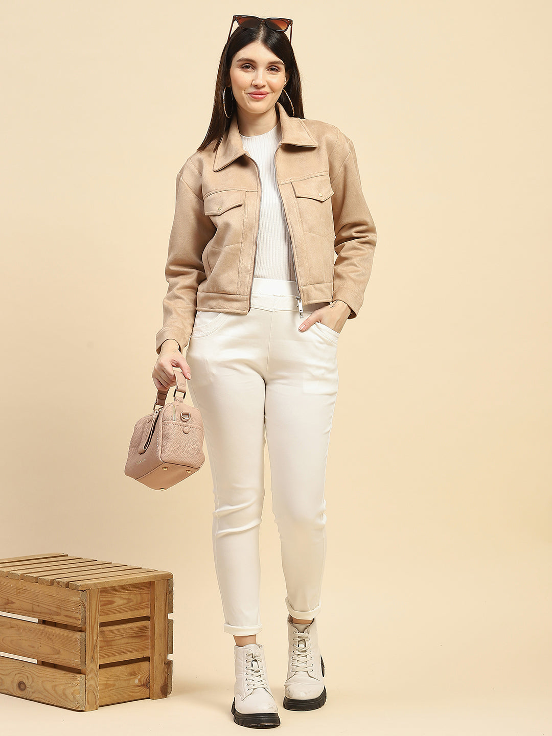 Beige Solid Suede Relaxed Fit Jacket - Global Republic