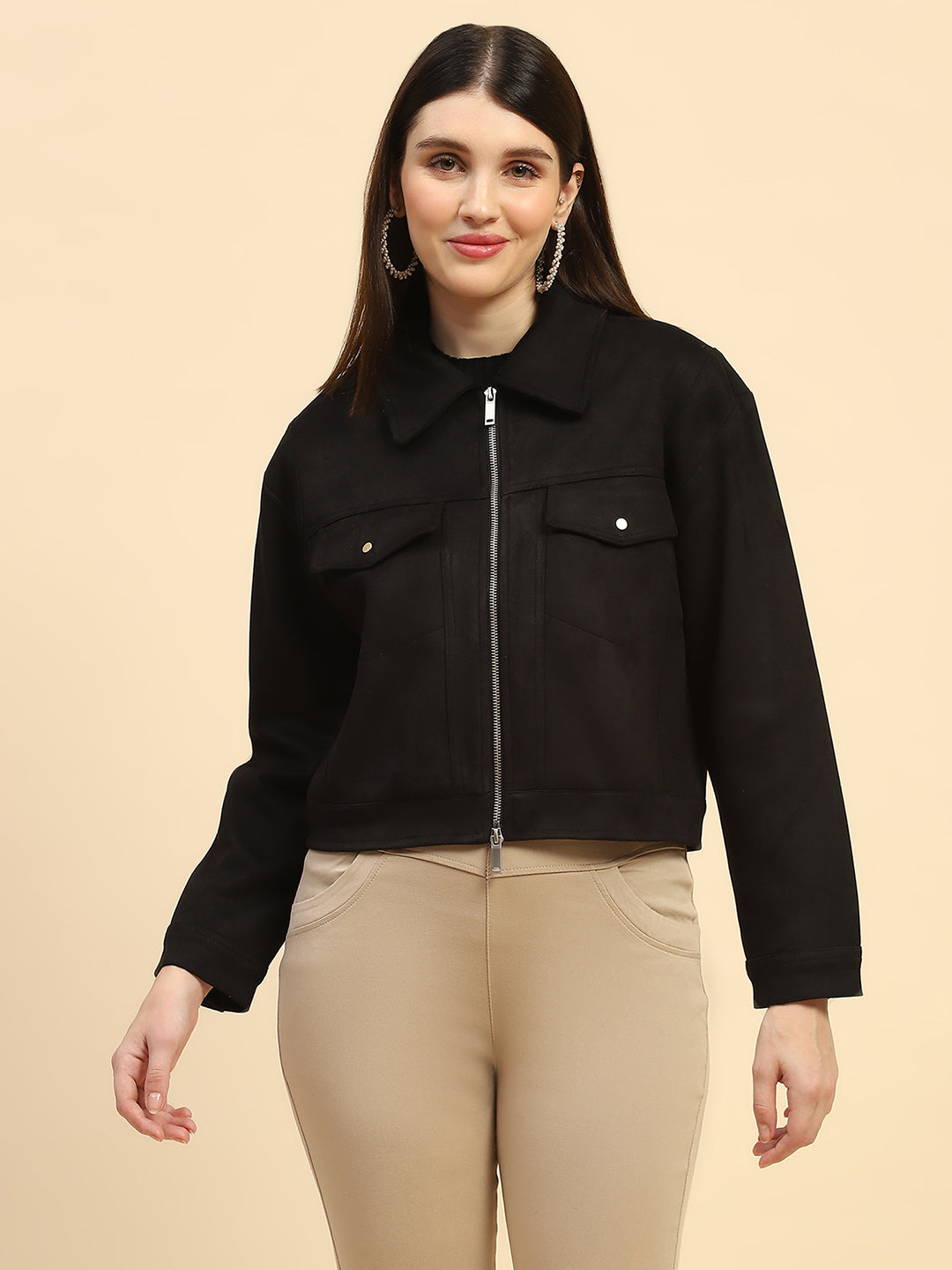 Black Solid Suede Relaxed Fit Jacket - Global Republic