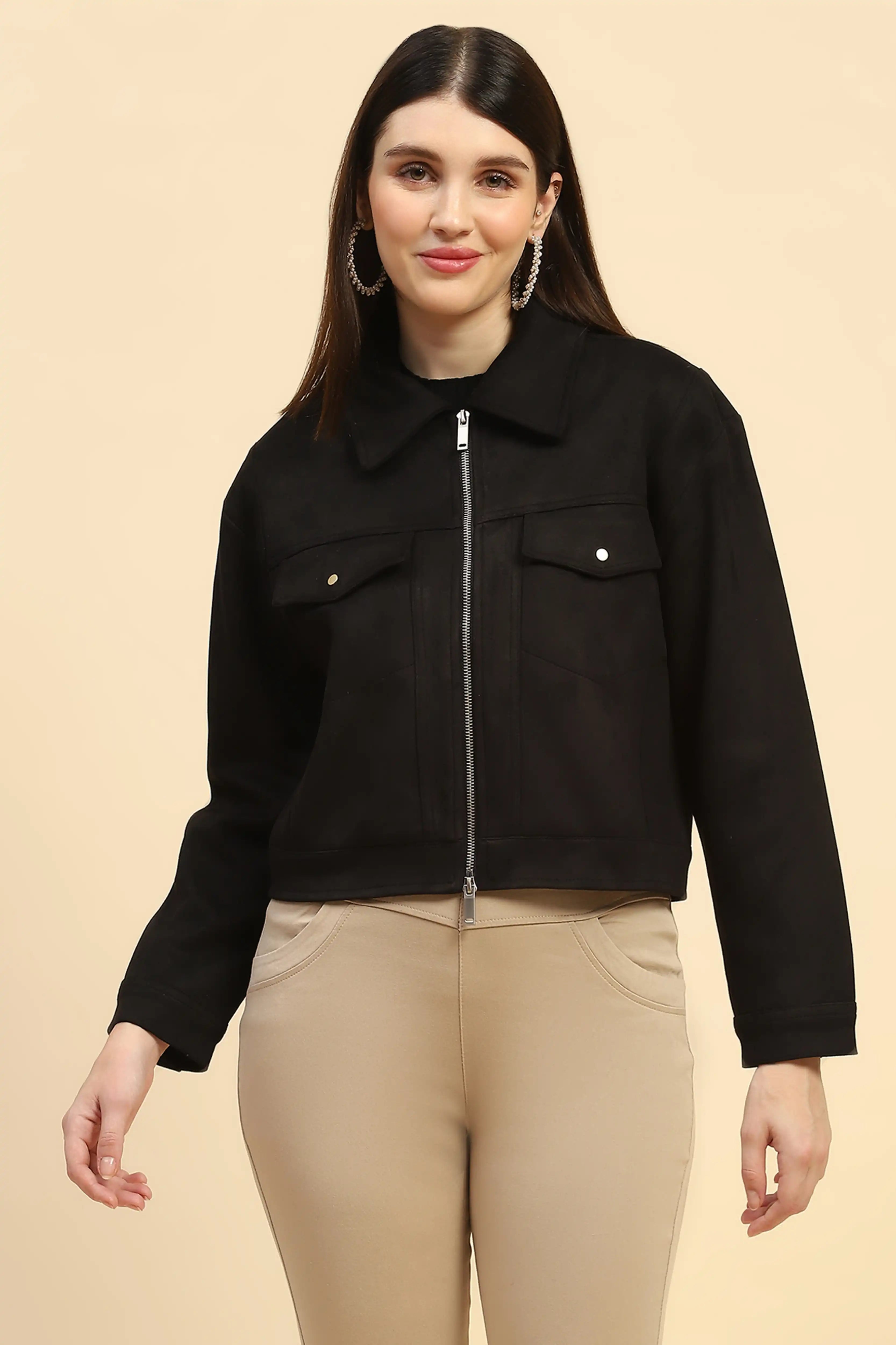 Black Solid Suede Relaxed Fit Jacket