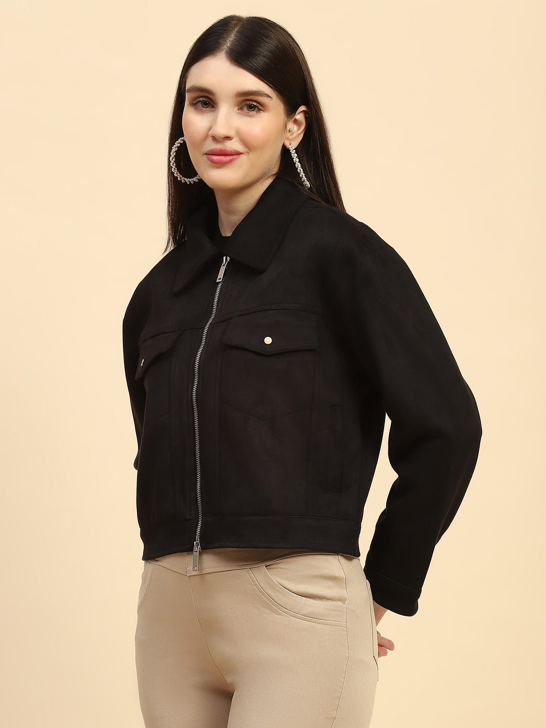 Black Solid Suede Relaxed Fit Jacket - Global Republic