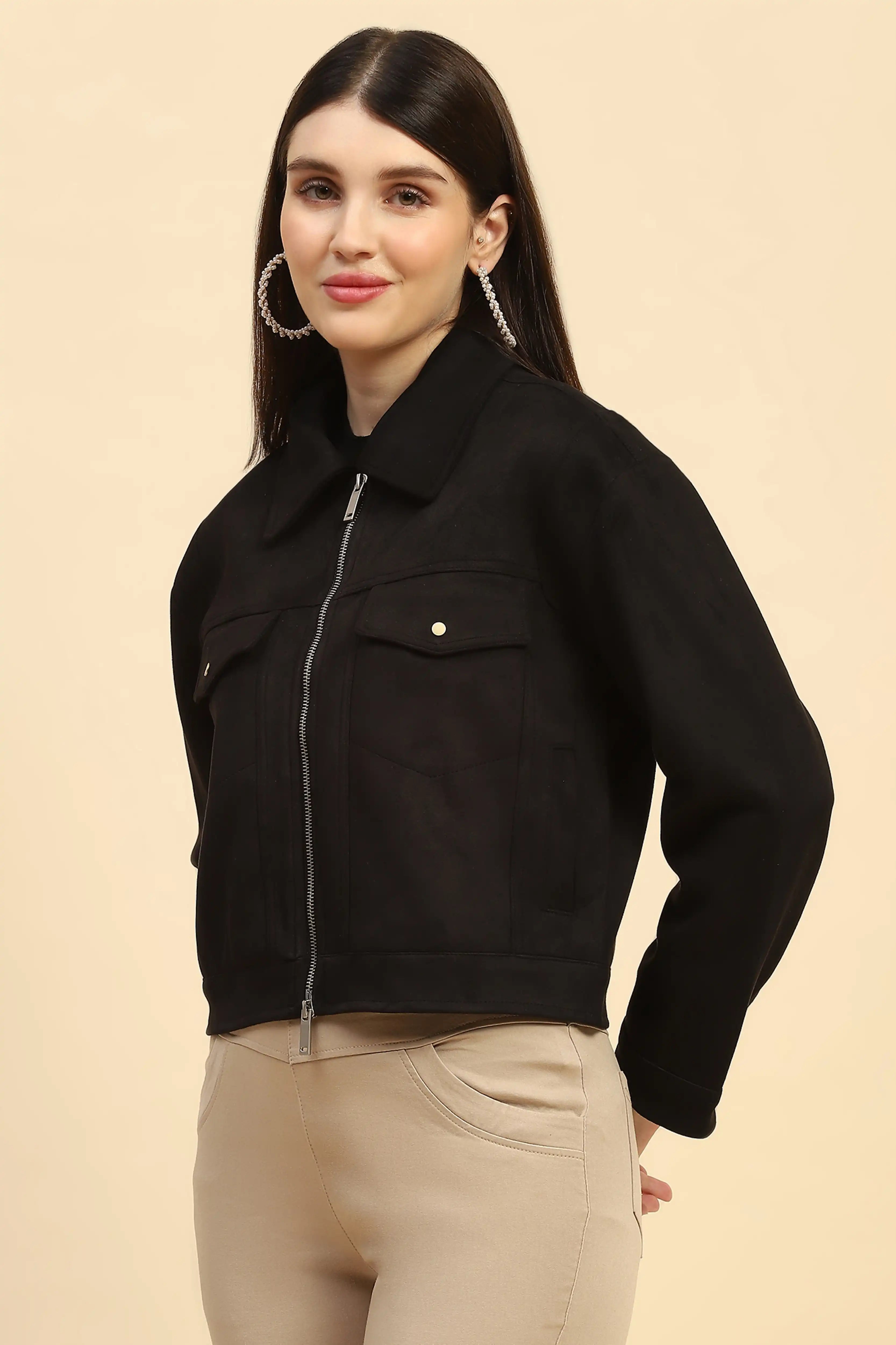 Black Solid Suede Relaxed Fit Jacket