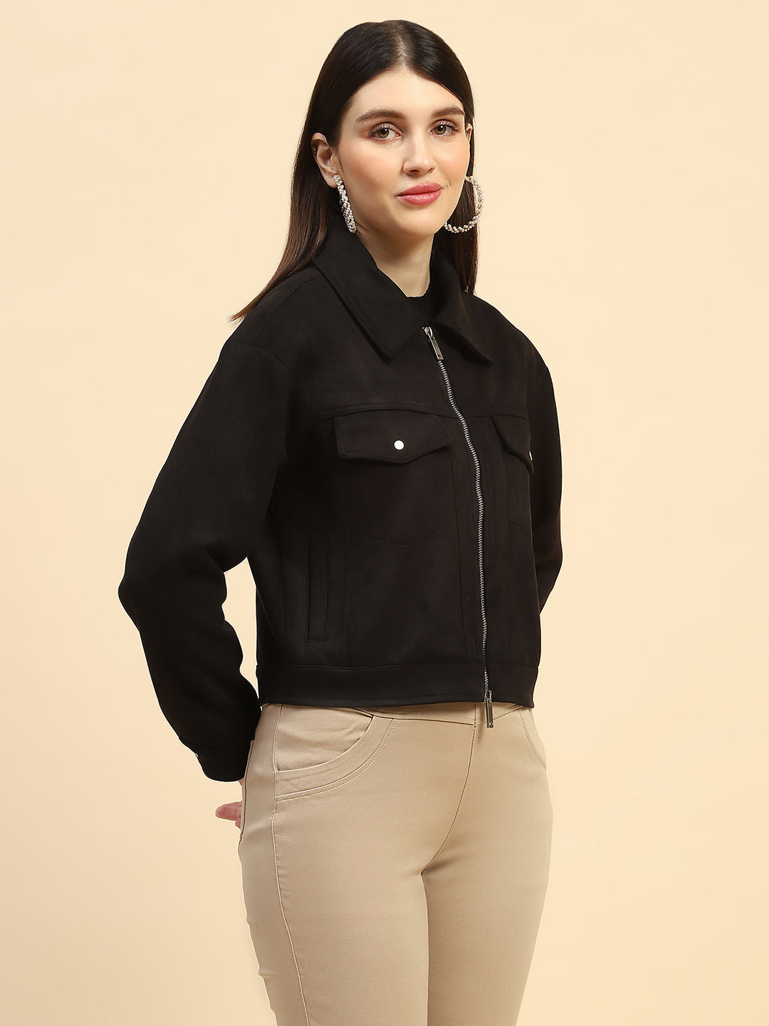 Black Solid Suede Relaxed Fit Jacket - Global Republic