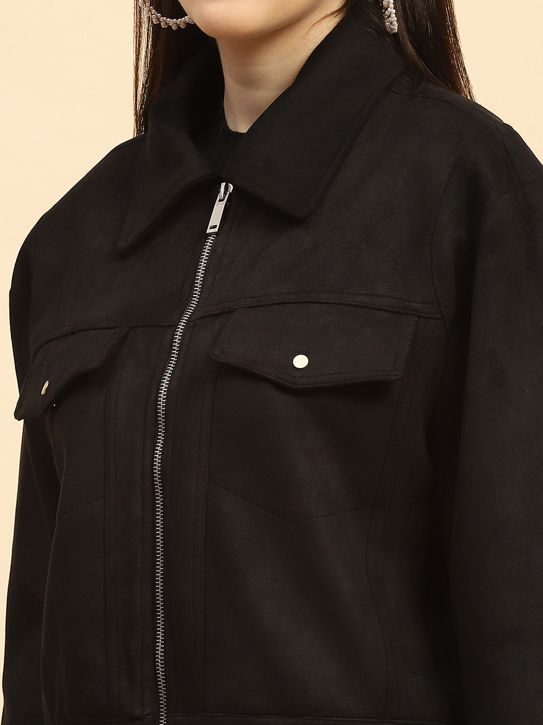 Black Solid Suede Relaxed Fit Jacket - Global Republic