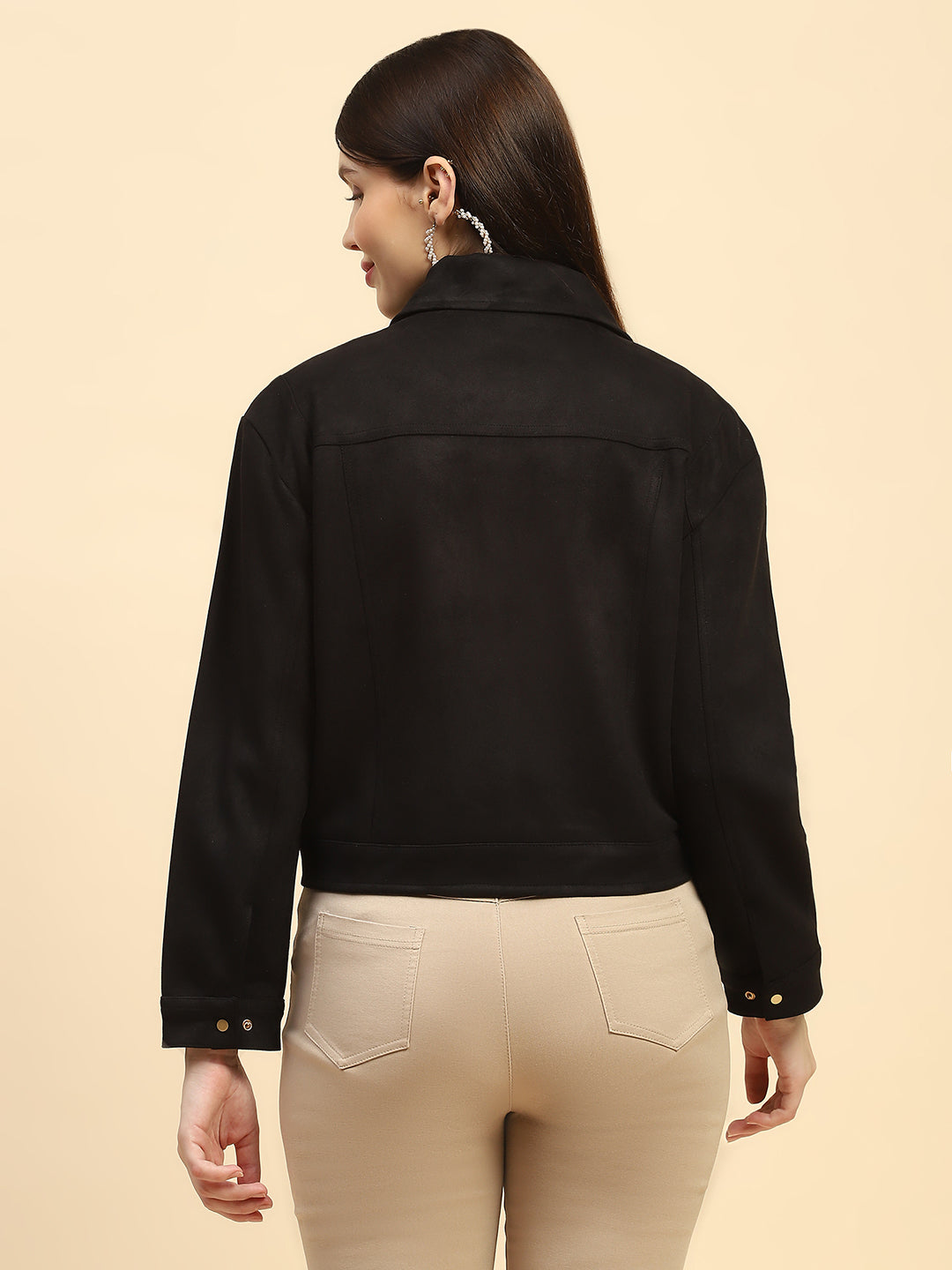 Black Solid Suede Relaxed Fit Jacket - Global Republic