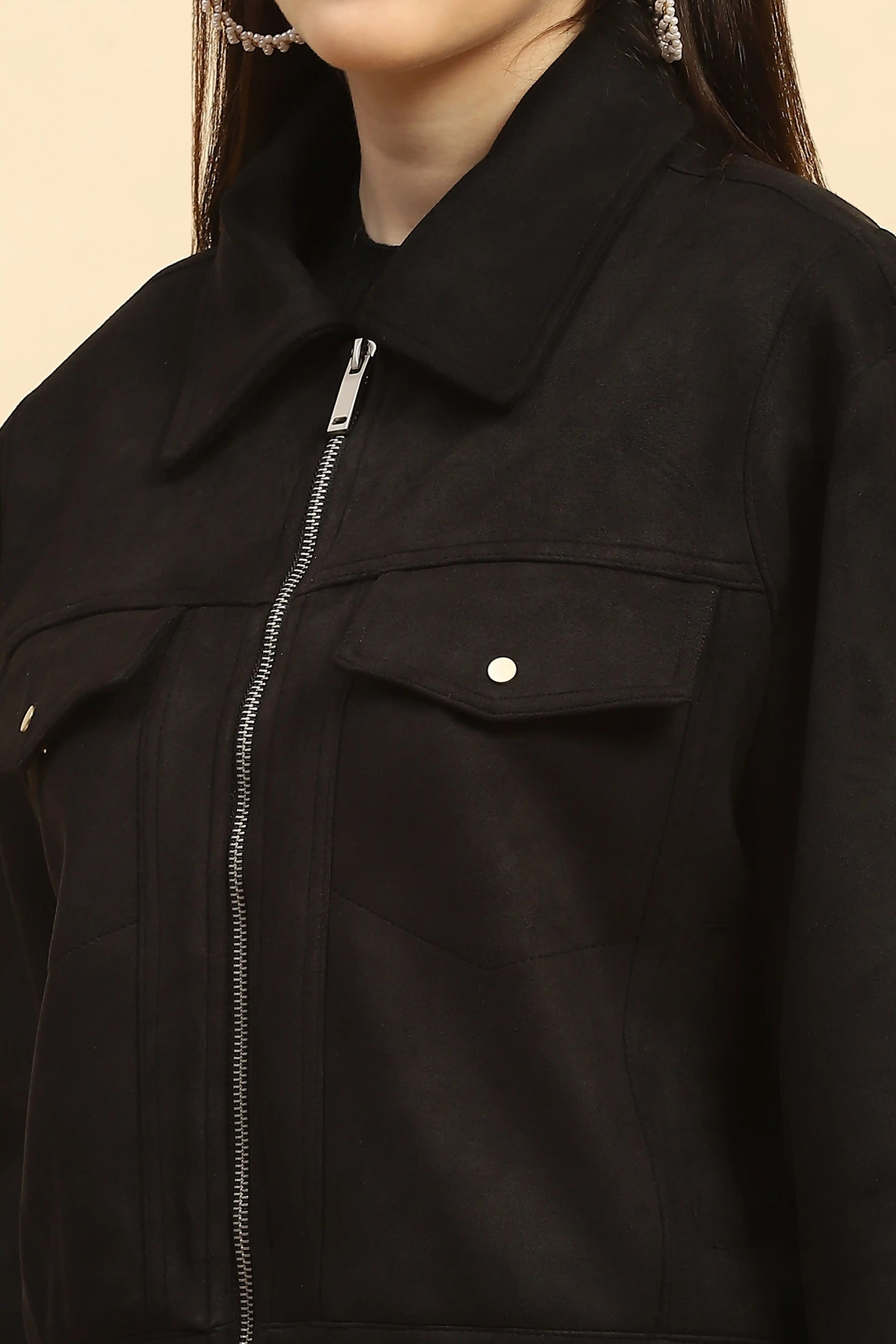 Black Solid Suede Relaxed Fit Jacket