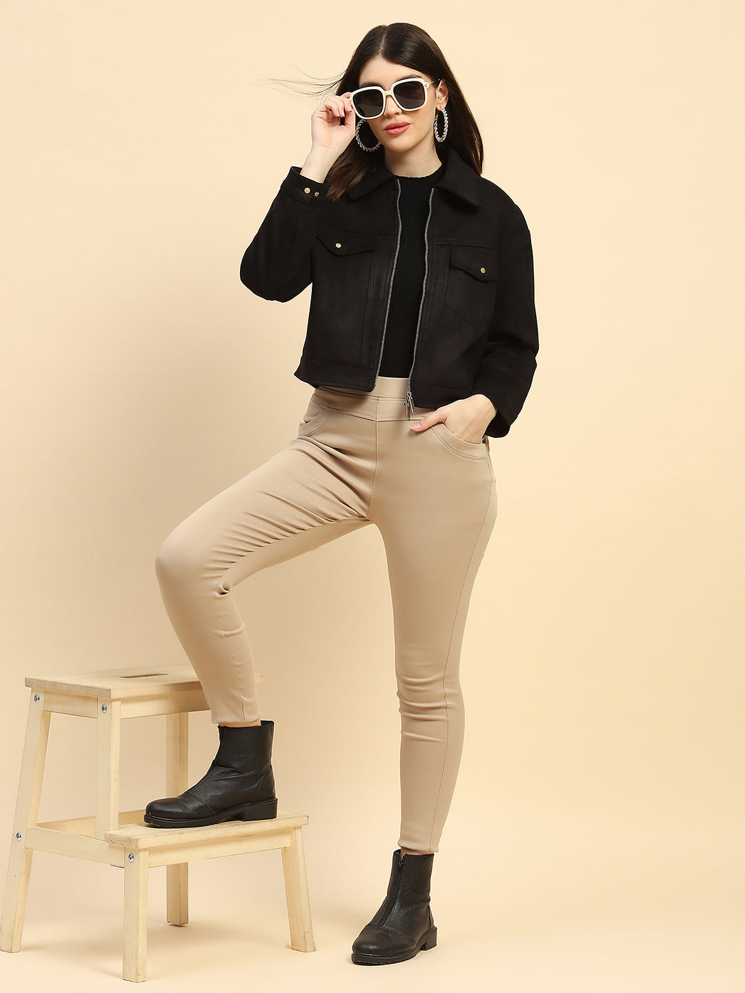 Black Solid Suede Relaxed Fit Jacket - Global Republic