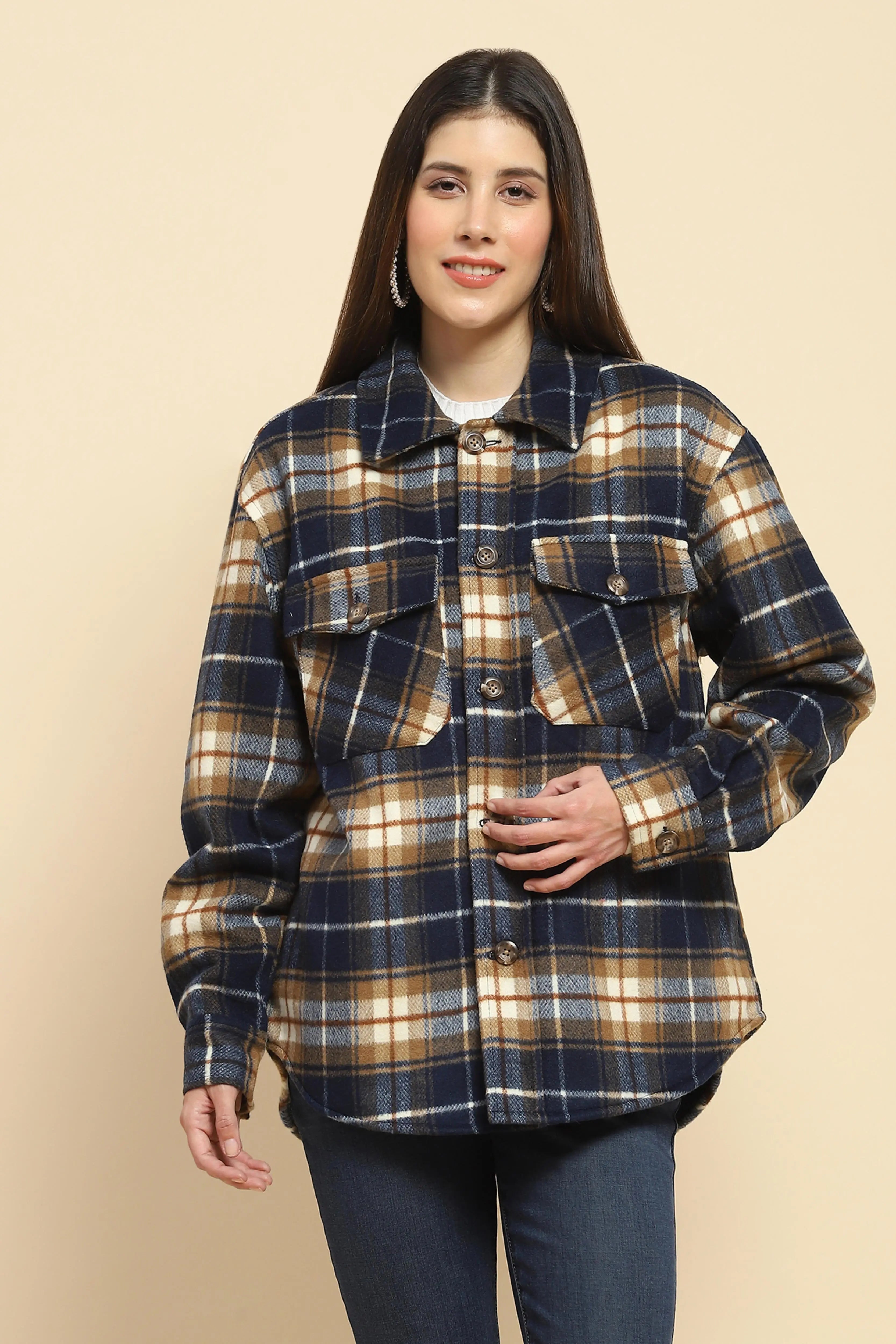 Navy Checks Oversized Winter Shacket - Global Republic