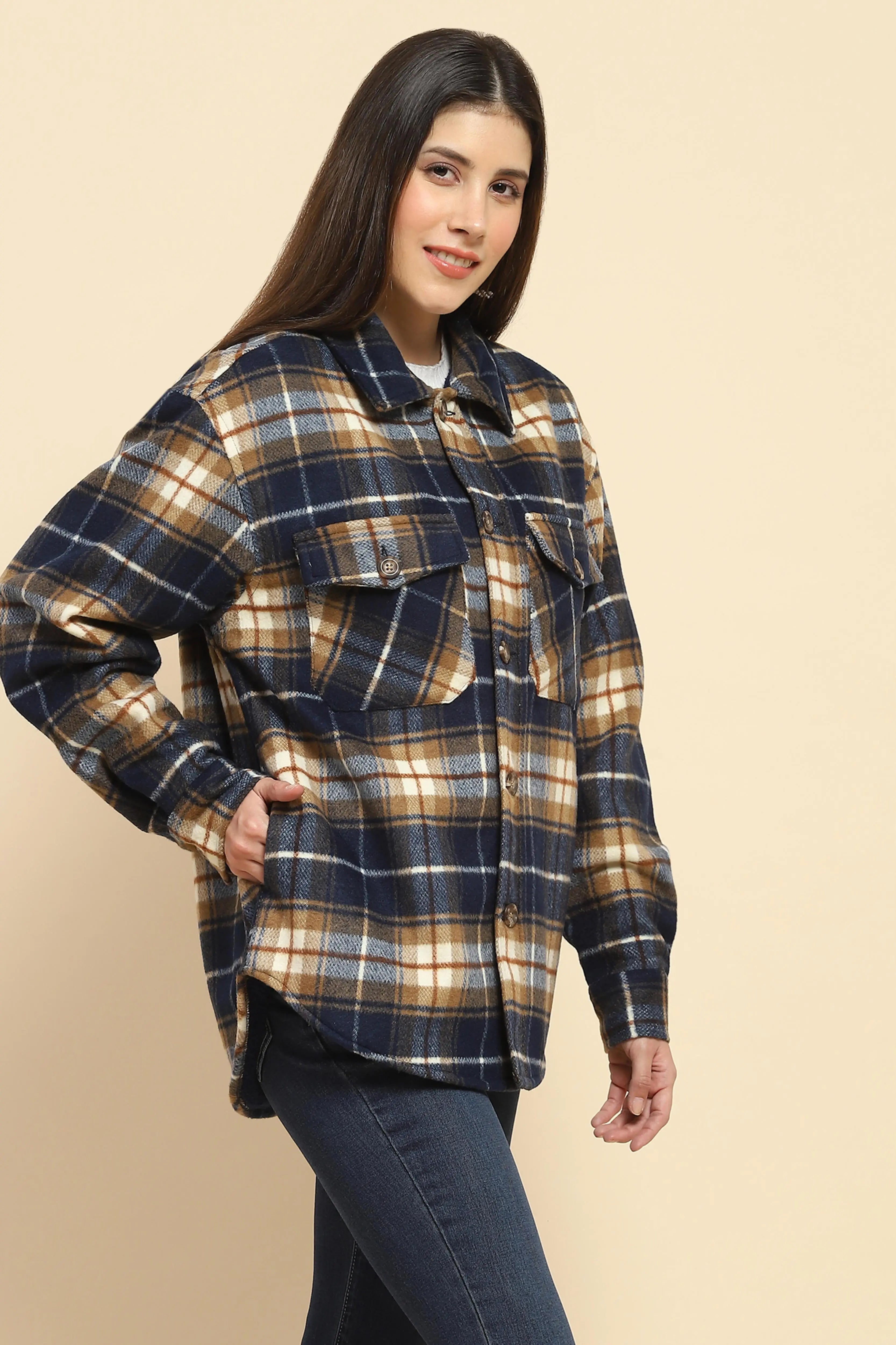 Navy Checks Oversized Winter Shacket - Global Republic
