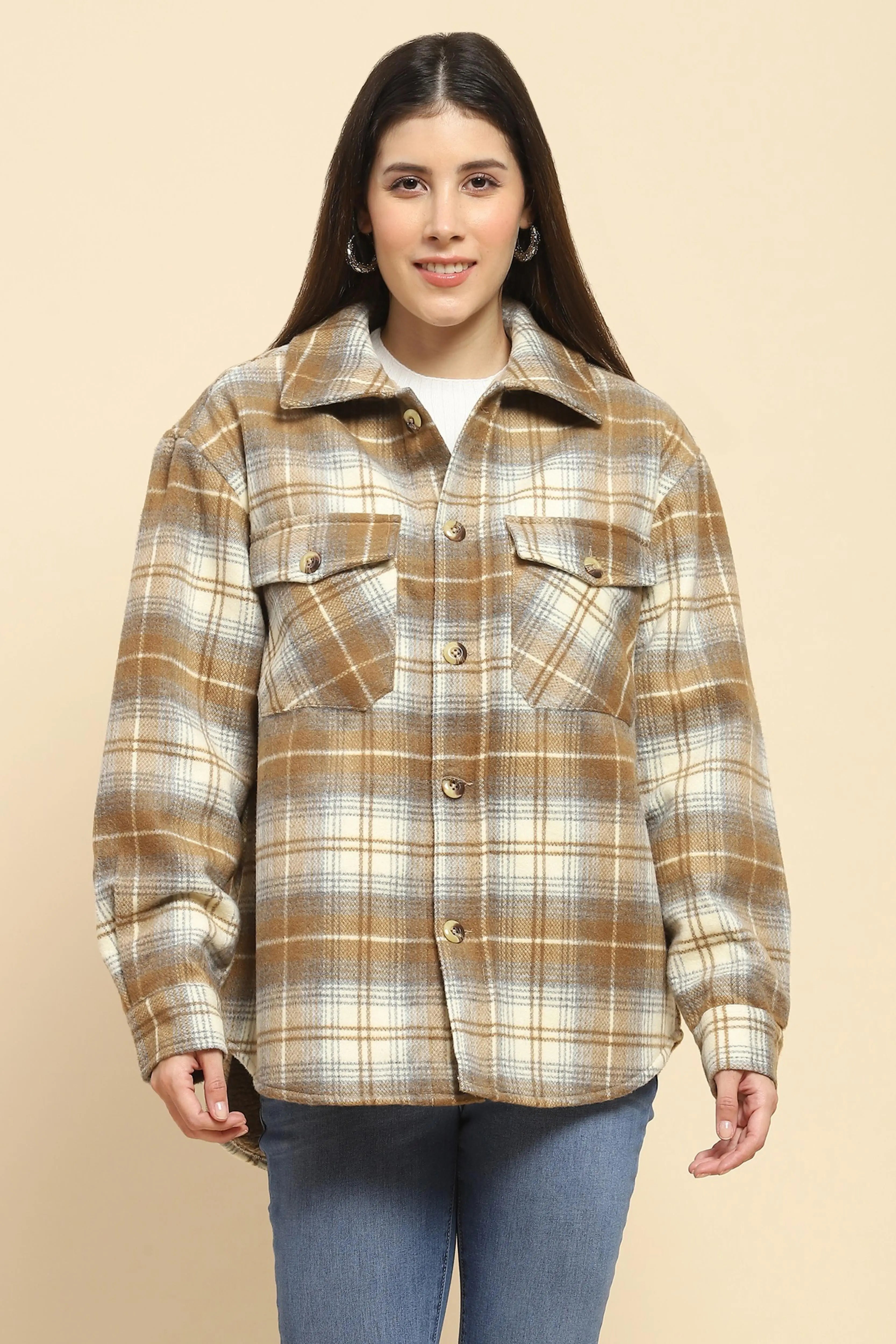 Brown Checks Oversized Winter Shacket - Global Republic
