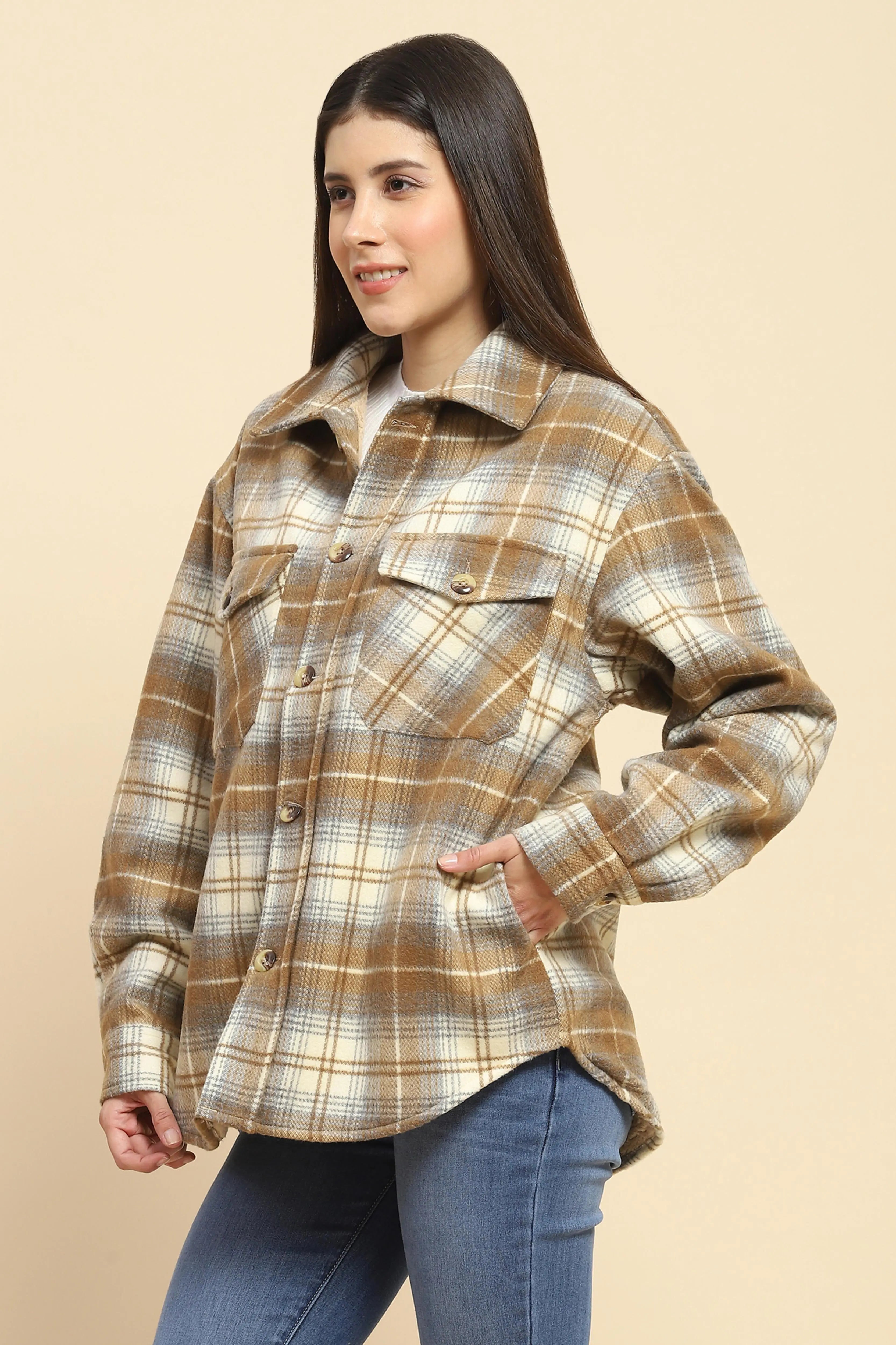 Brown Checks Oversized Winter Shacket - Global Republic