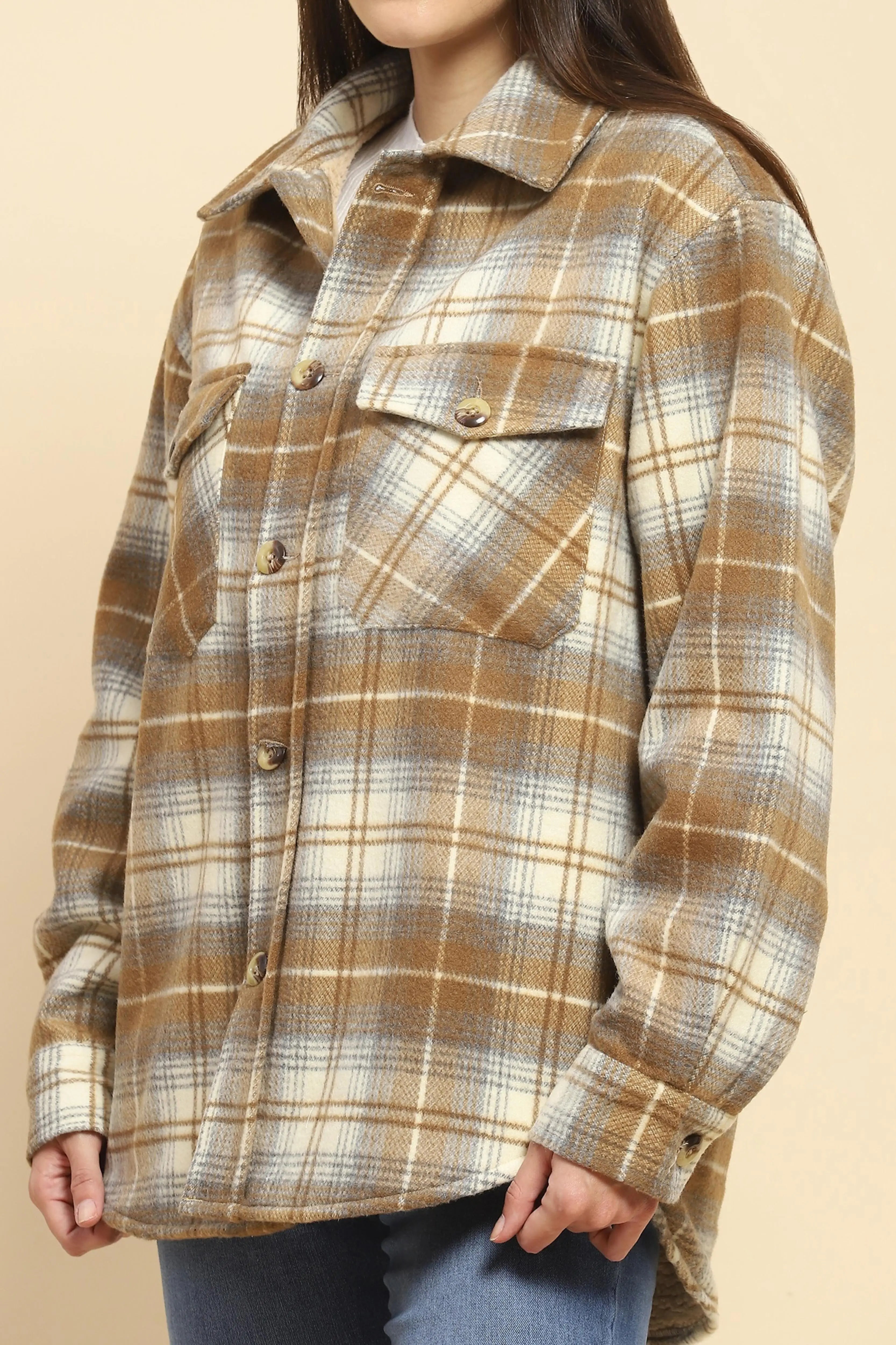 Brown Checks Oversized Winter Shacket - Global Republic