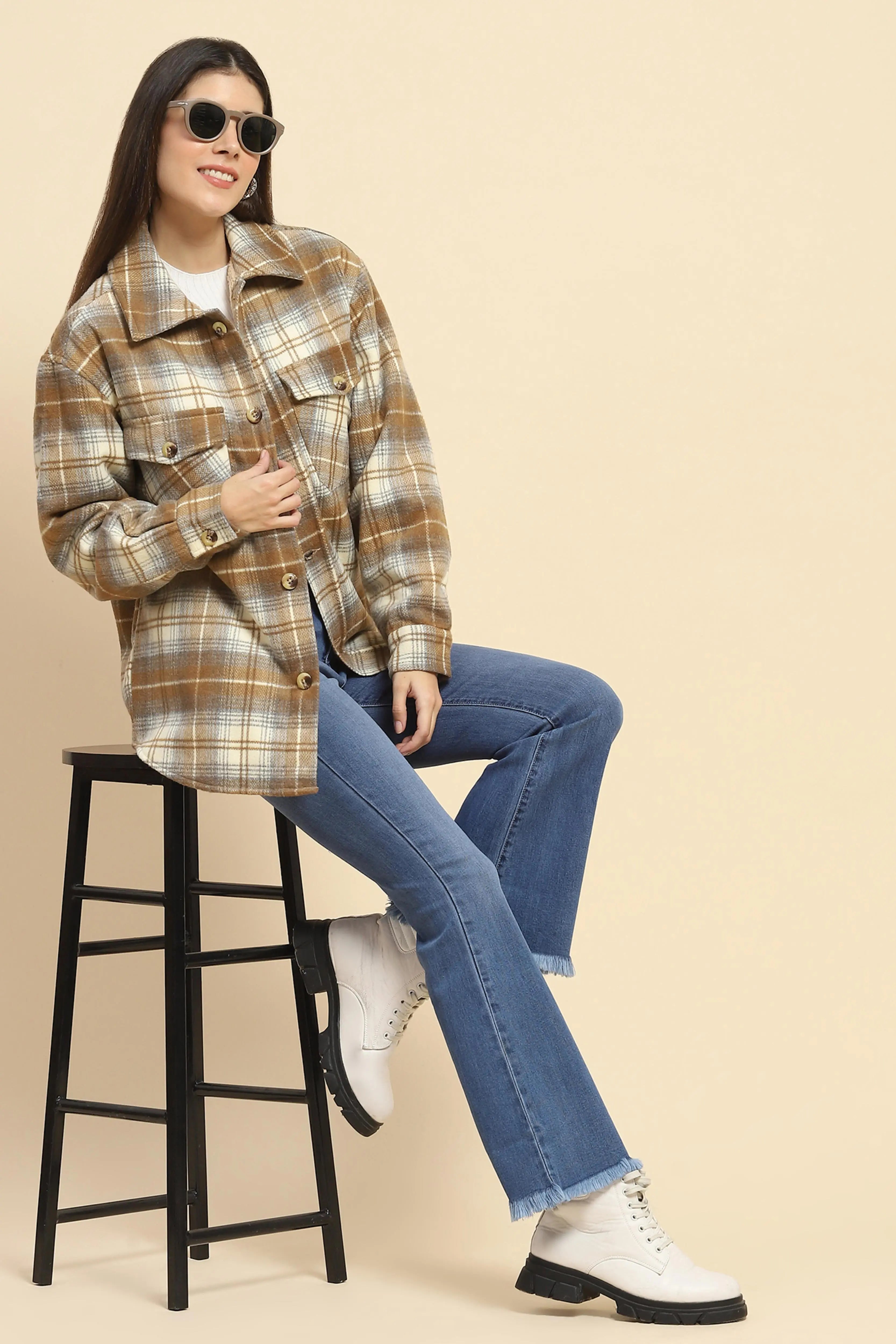 Brown Checks Oversized Winter Shacket - Global Republic