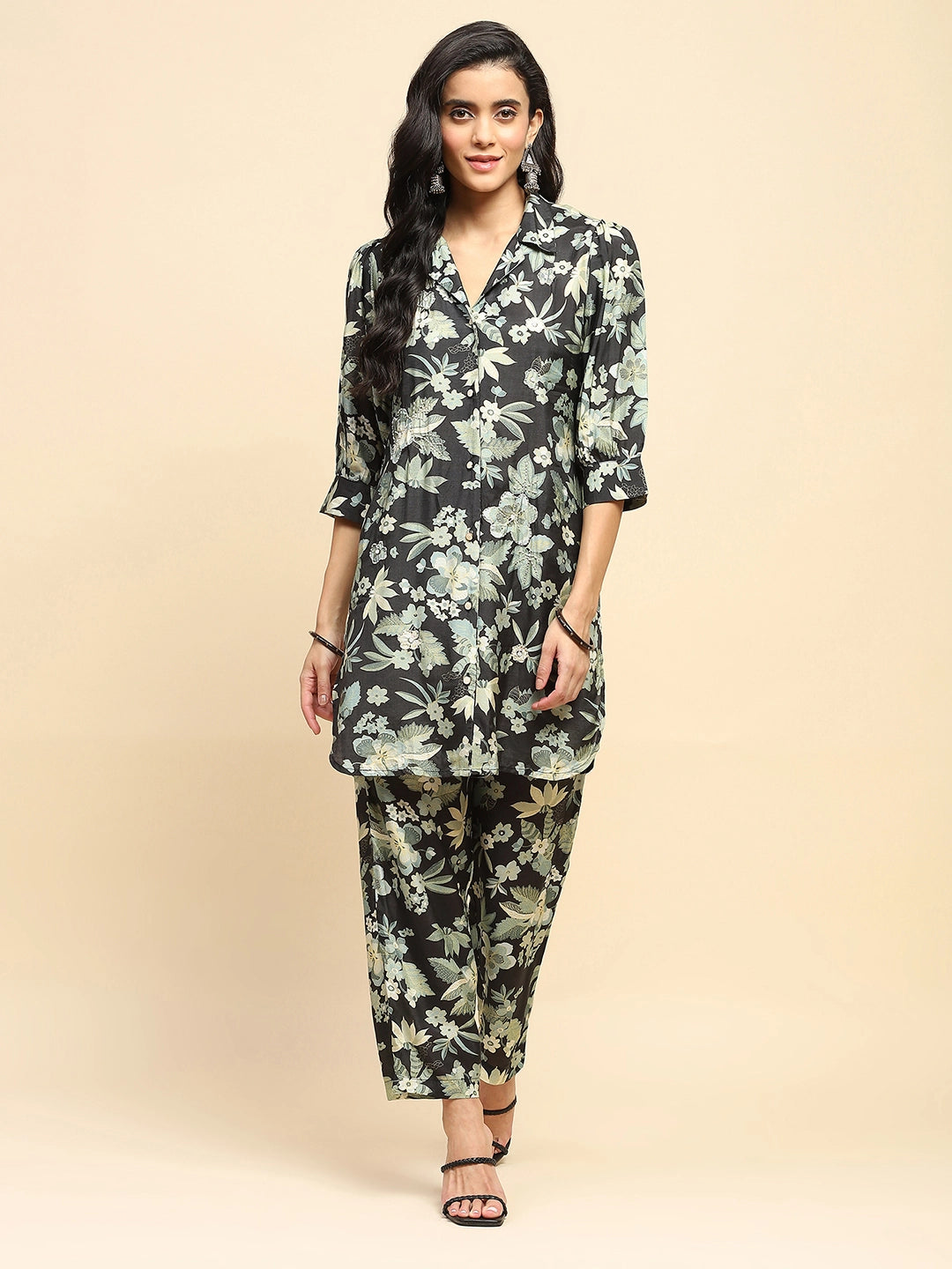 Black Muslin Regular Fit Long Tunic Sets For Women - Global Republic