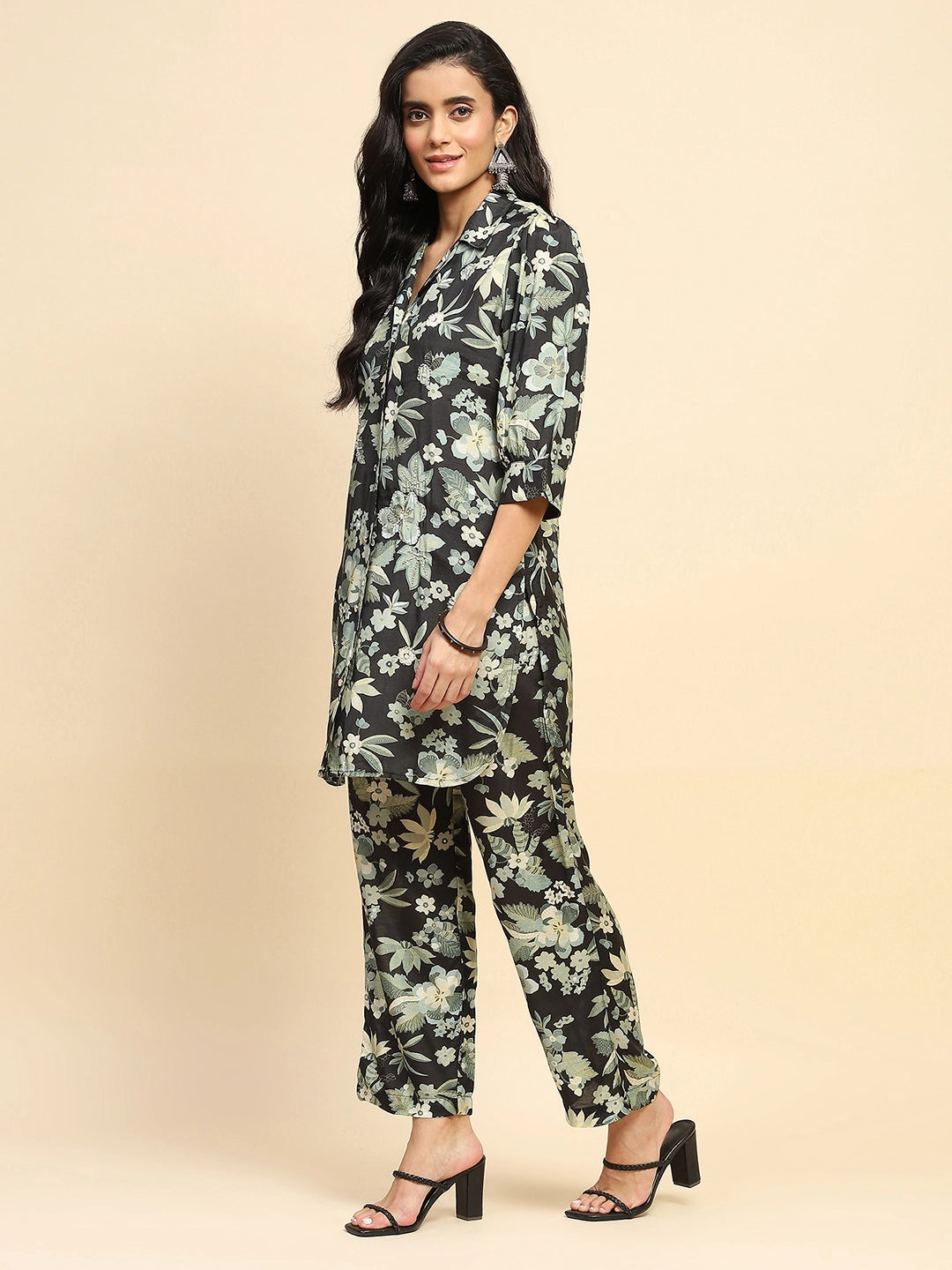 Black Muslin Regular Fit Long Tunic Sets For Women - Global Republic