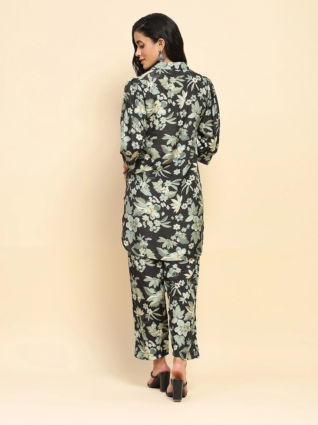 Black Muslin Regular Fit Long Tunic Sets For Women - Global Republic