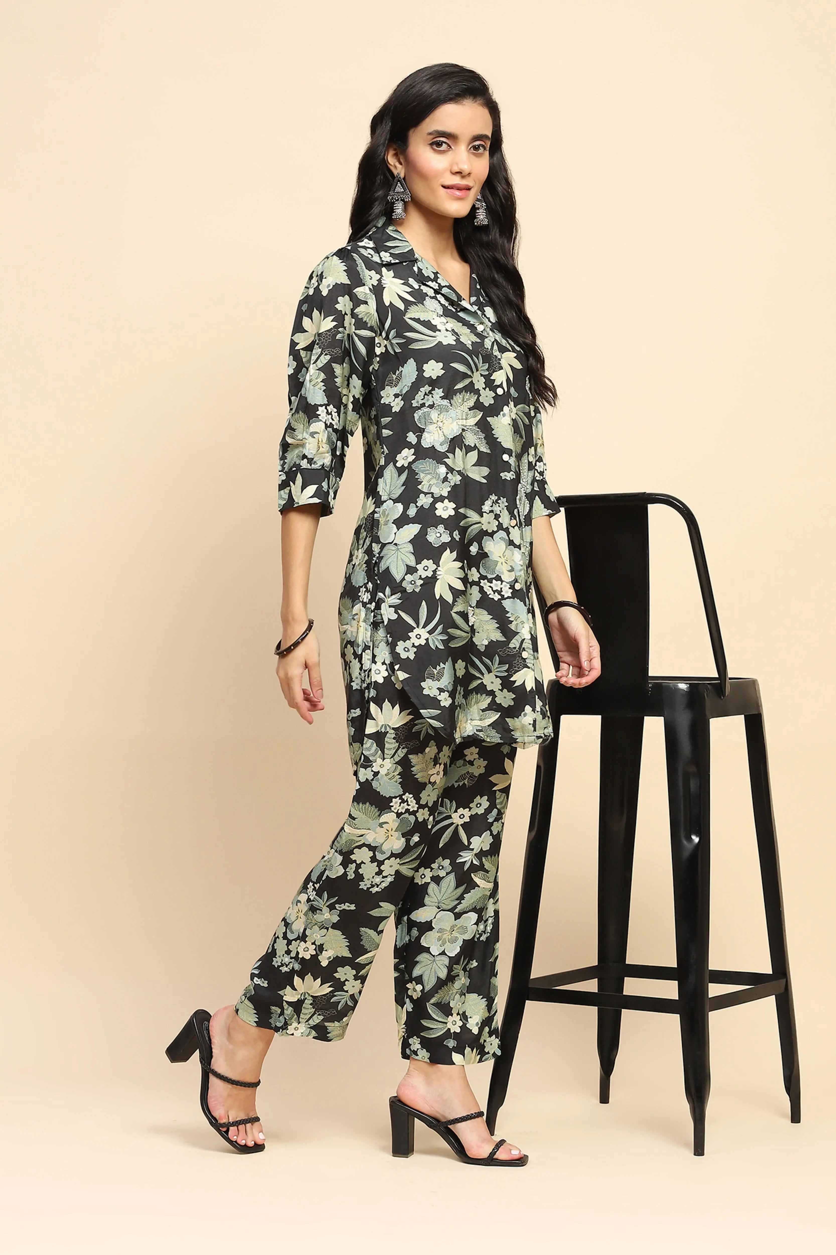 Black Muslin Regular Fit Long Tunic Sets For Women - Global Republic