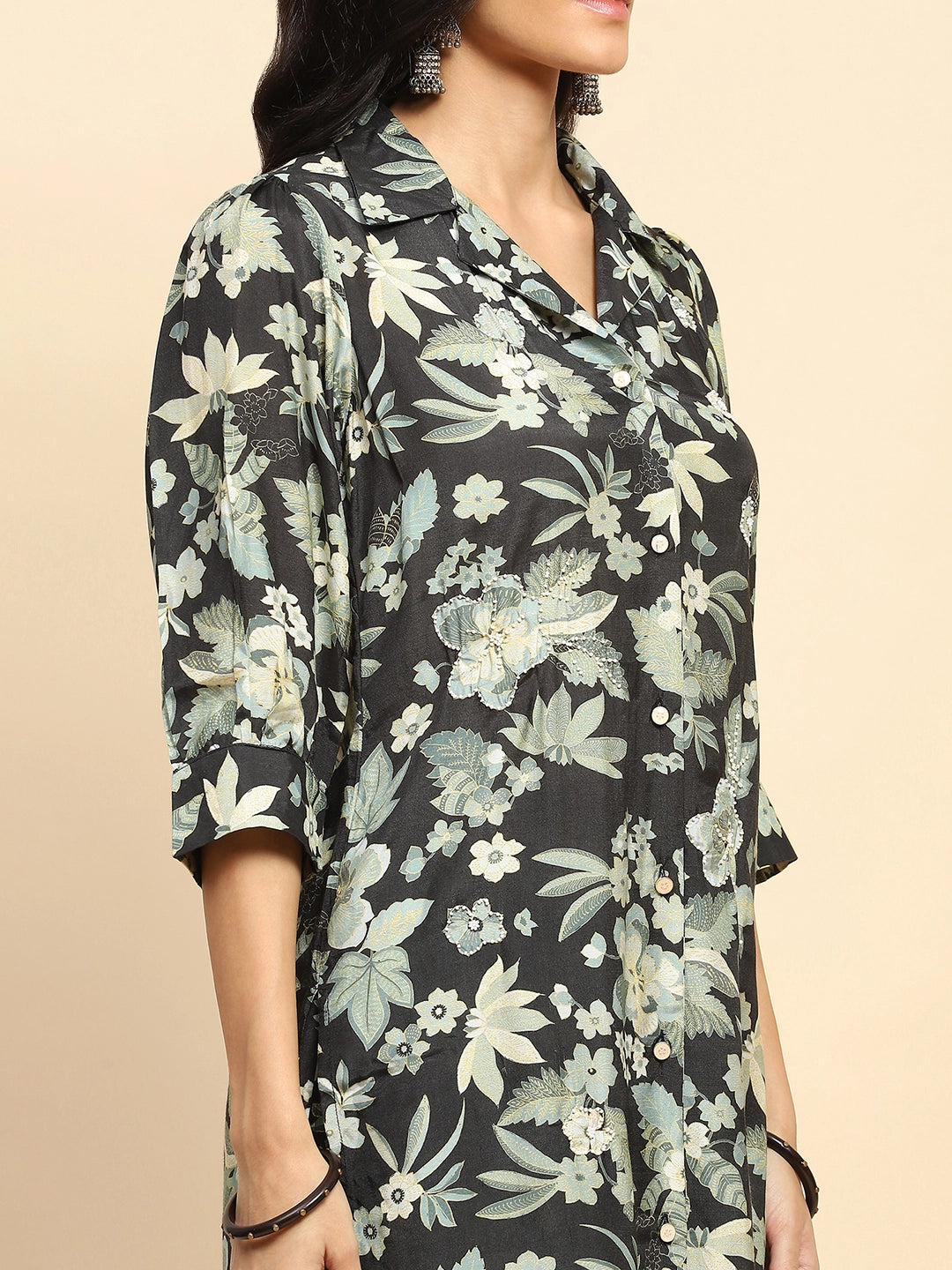 Black Muslin Regular Fit Long Tunic Sets For Women - Global Republic