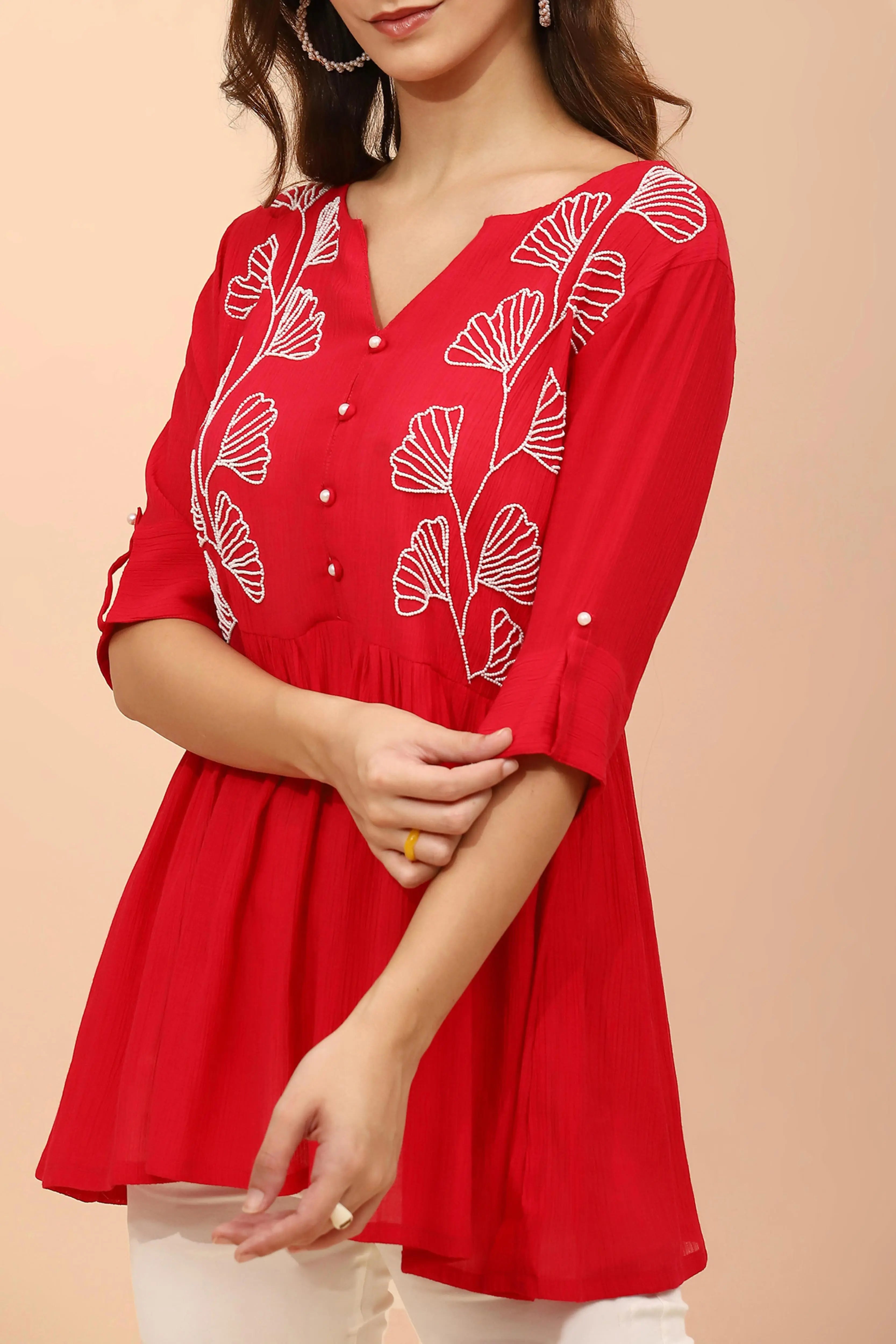 Dark Pink Embellished Rayon Tunic - Global Republic