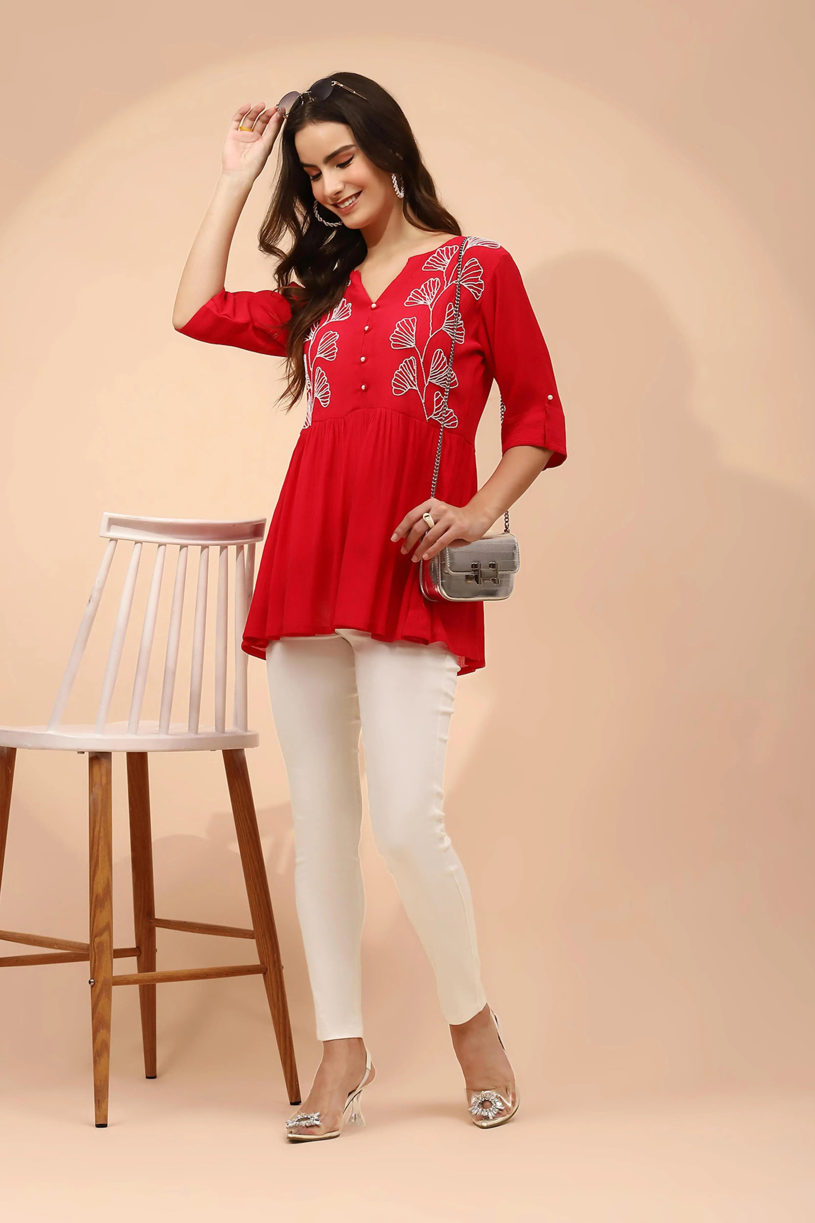 Dark Pink Embellished Rayon Tunic - Global Republic