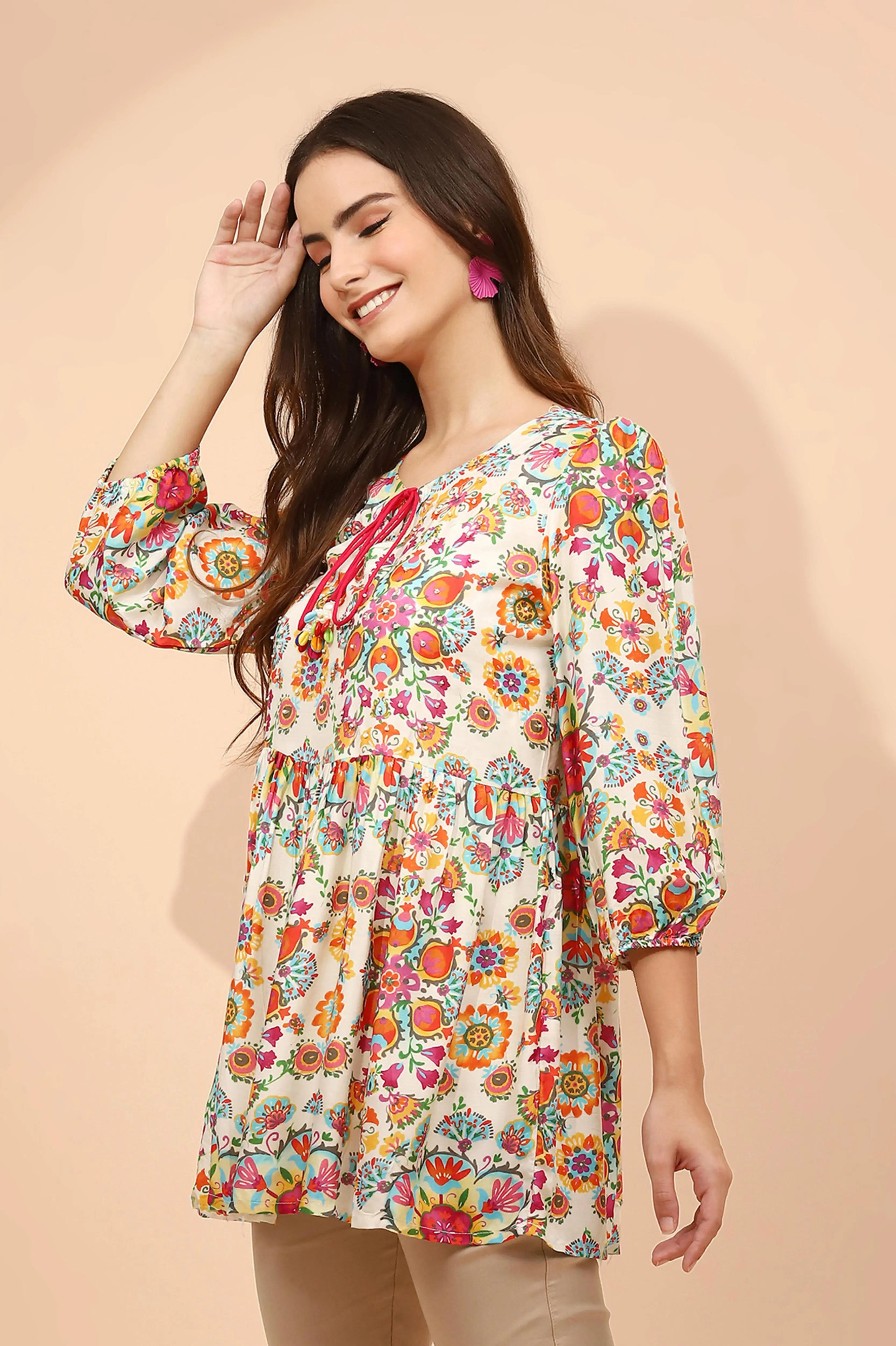 Multicolor Floral Printed Muslin Tunic - Global Republic