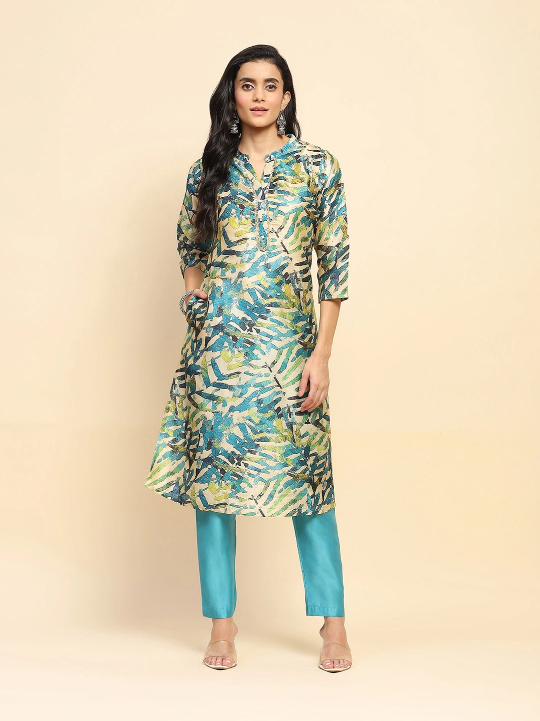 Turquoise Silk Regular Fit Long Tunic Set For Women - Global Republic