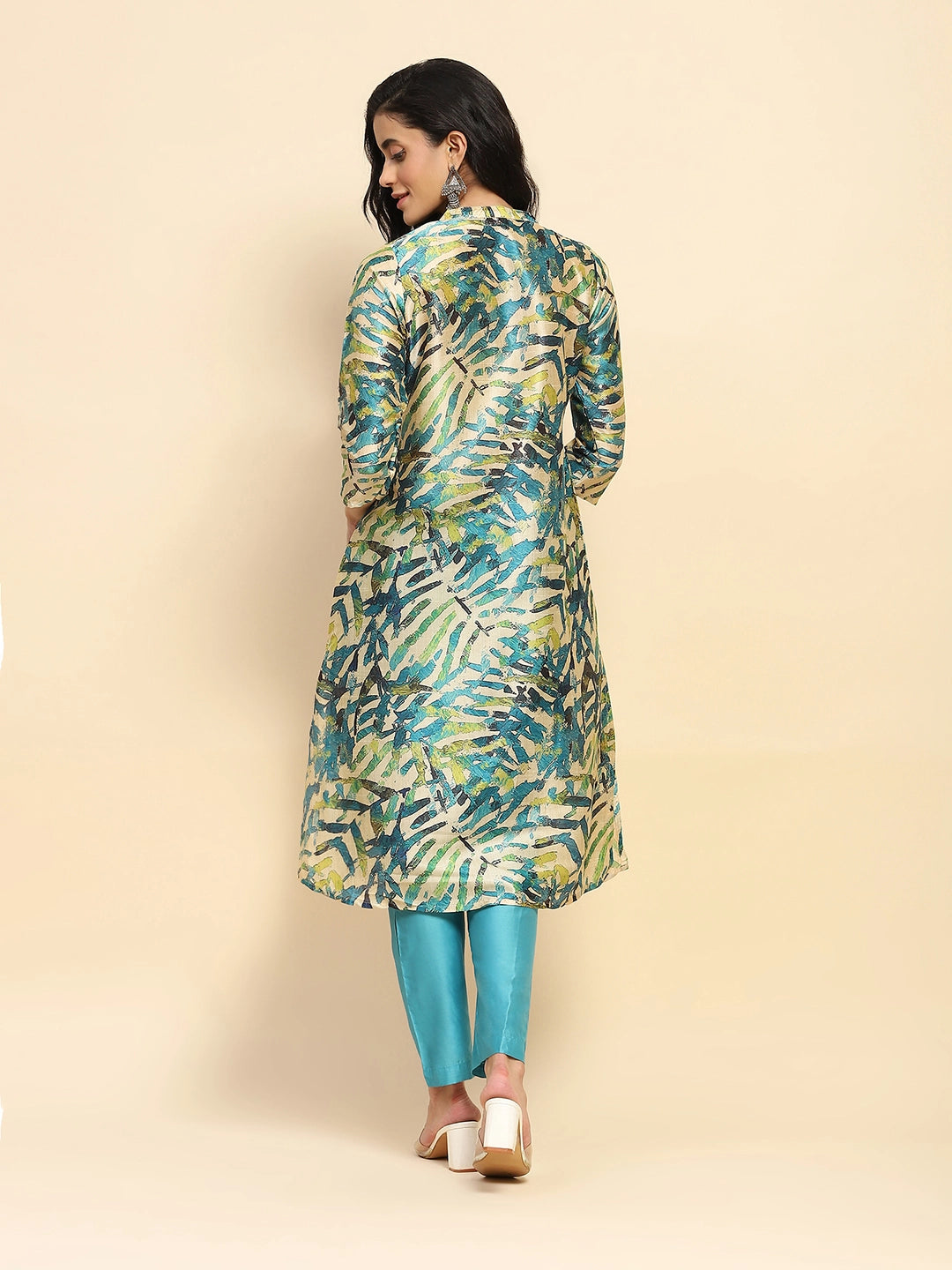 Turquoise Silk Regular Fit Long Tunic Set For Women - Global Republic