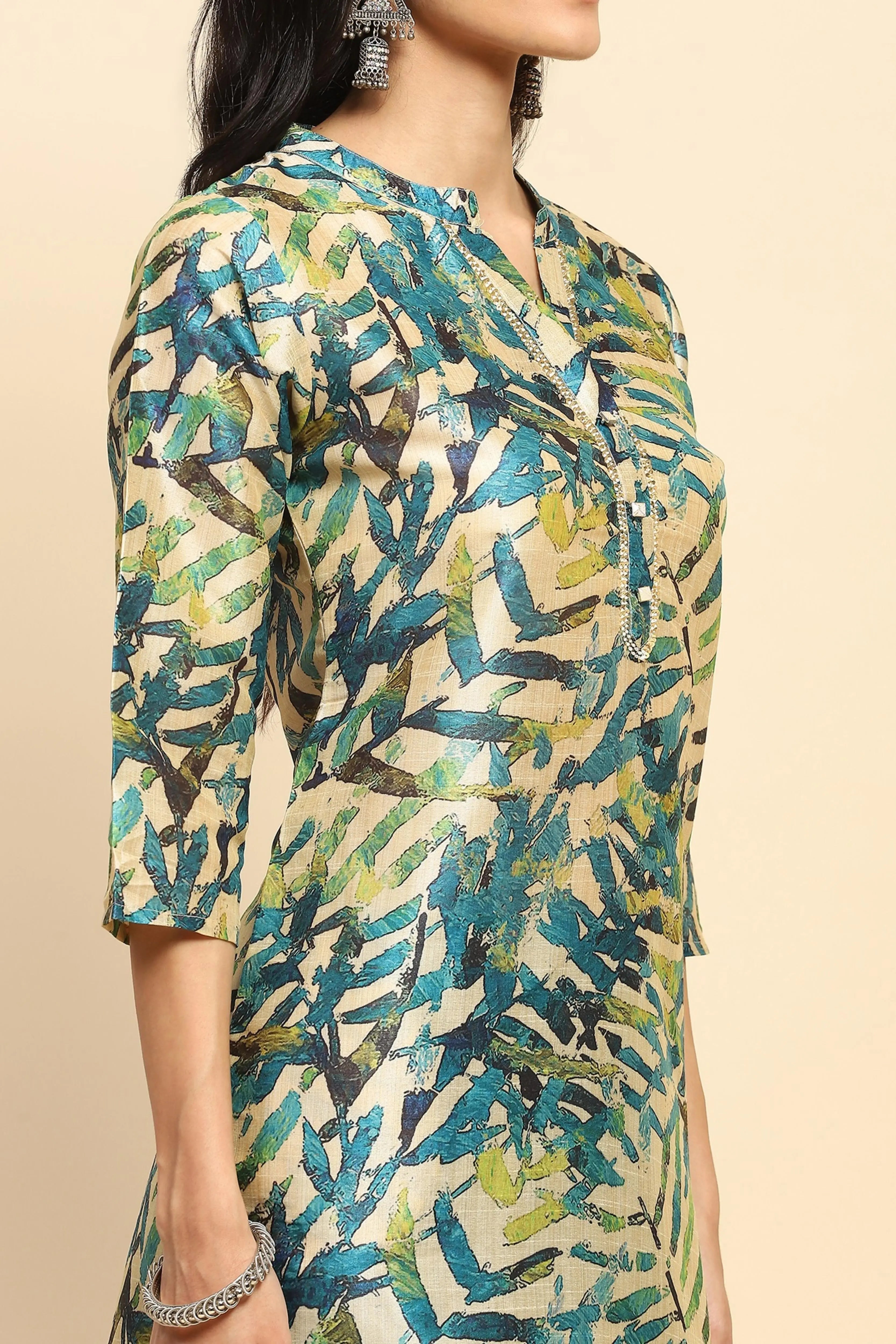 Turquoise Silk Regular Fit Long Tunic Set For Women - Global Republic