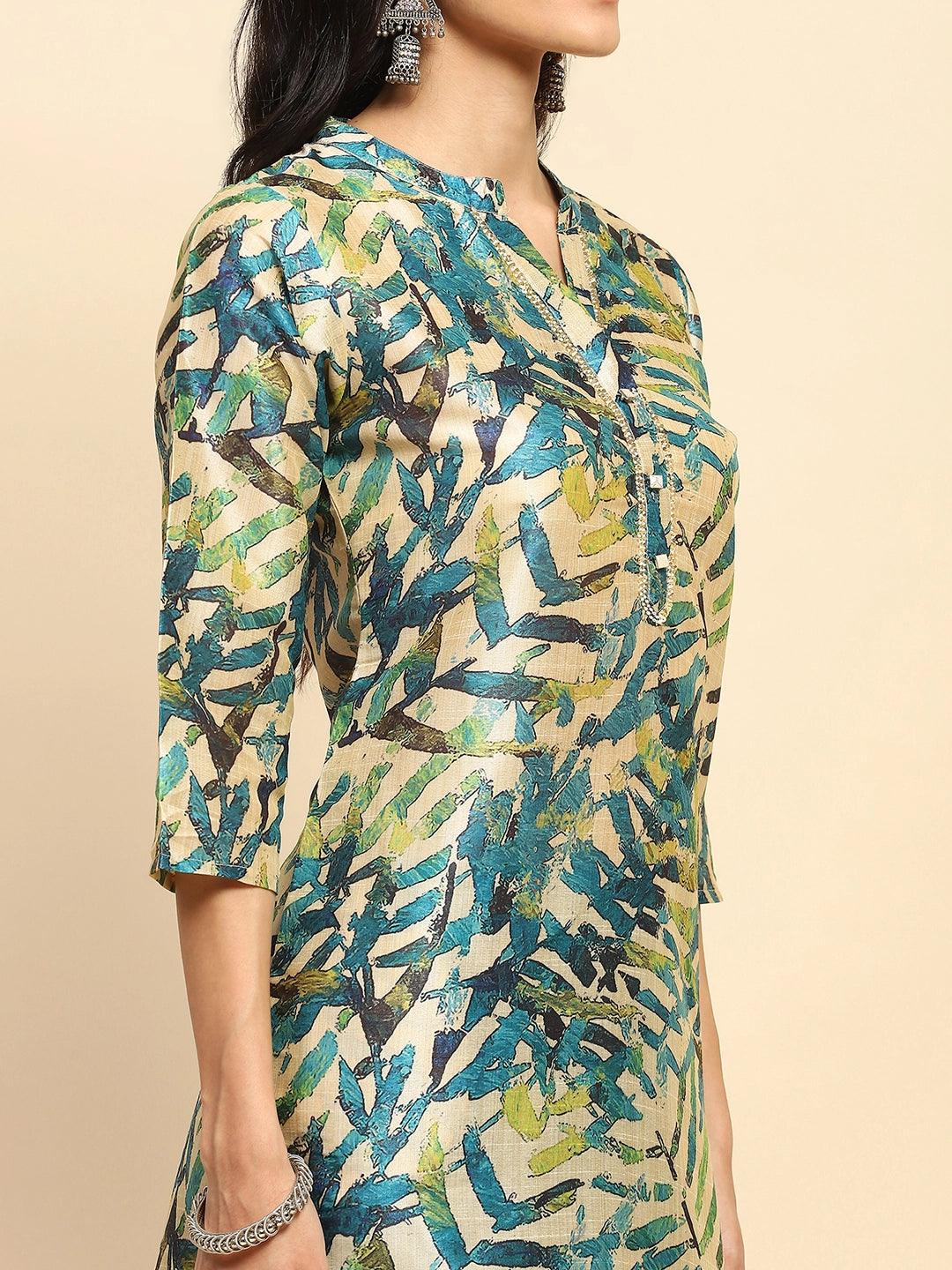 Turquoise Silk Regular Fit Long Tunic Set For Women - Global Republic