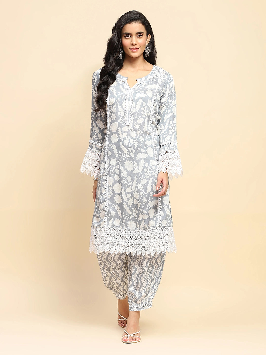 Grey And White Muslin Regular Fit Long Tunic Set For Women - Global Republic
