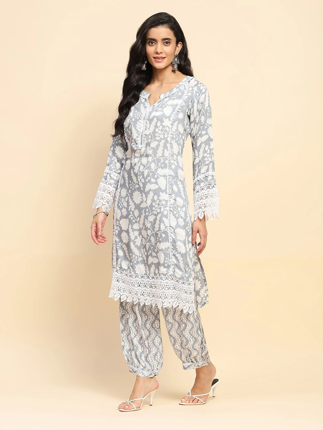 Grey And White Muslin Regular Fit Long Tunic Set For Women - Global Republic