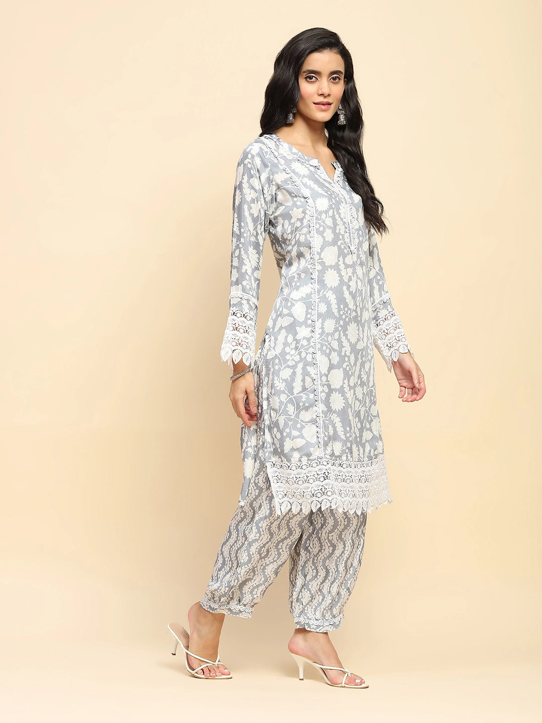 Grey And White Muslin Regular Fit Long Tunic Set For Women - Global Republic