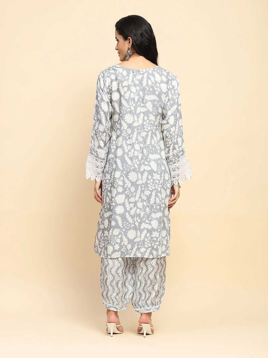 Grey And White Muslin Regular Fit Long Tunic Set For Women - Global Republic