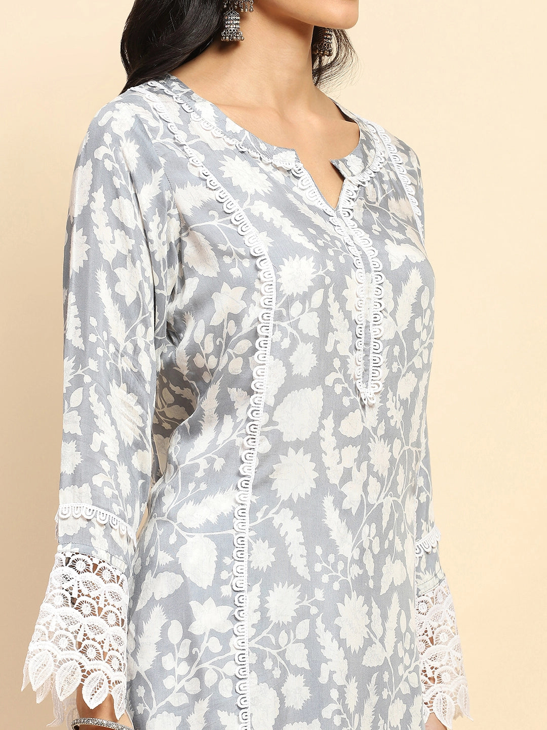 Grey And White Muslin Regular Fit Long Tunic Set For Women - Global Republic