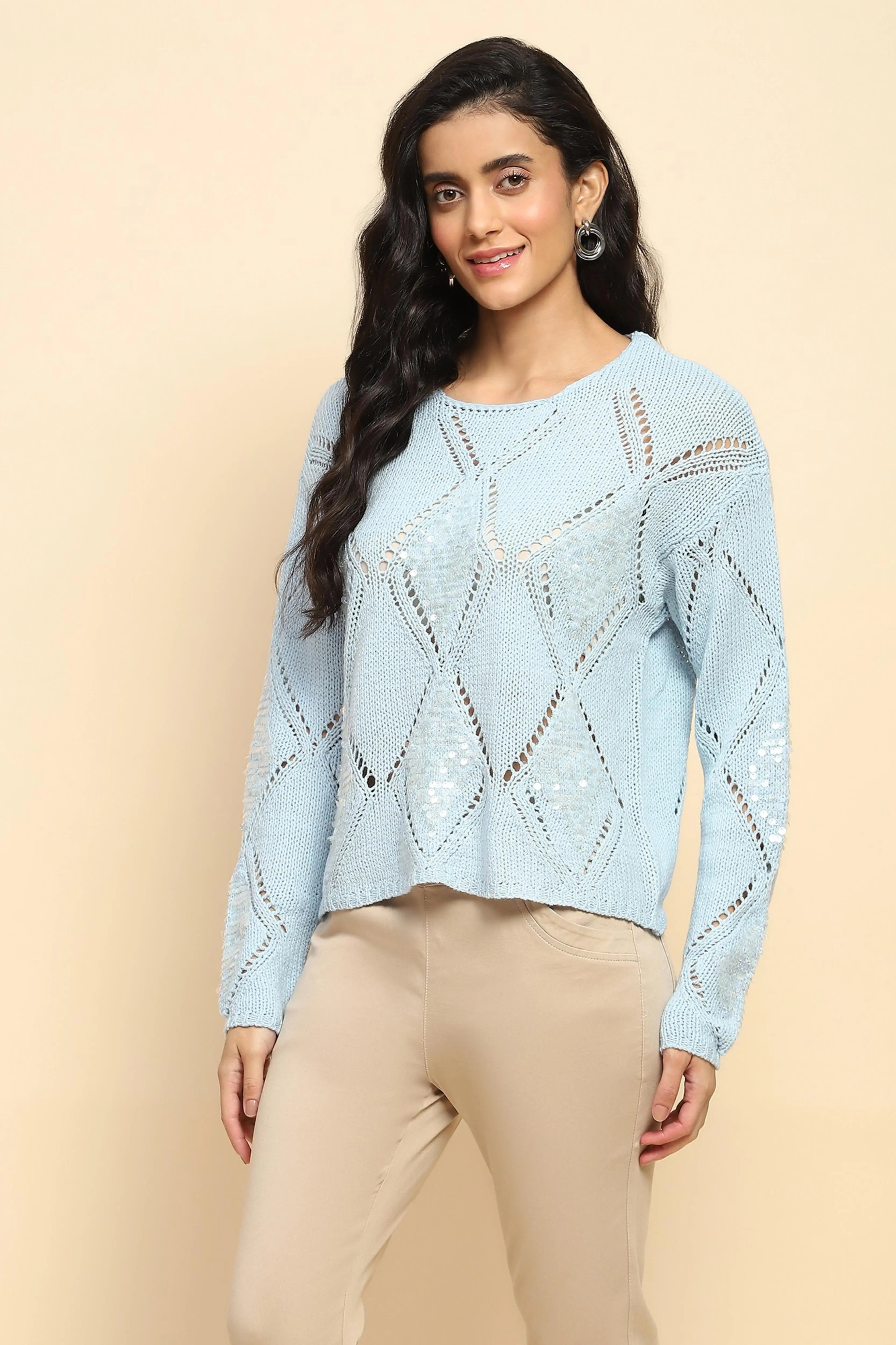 Blue Acrylic Relaxed Fit Winter Pullover - Global Republic