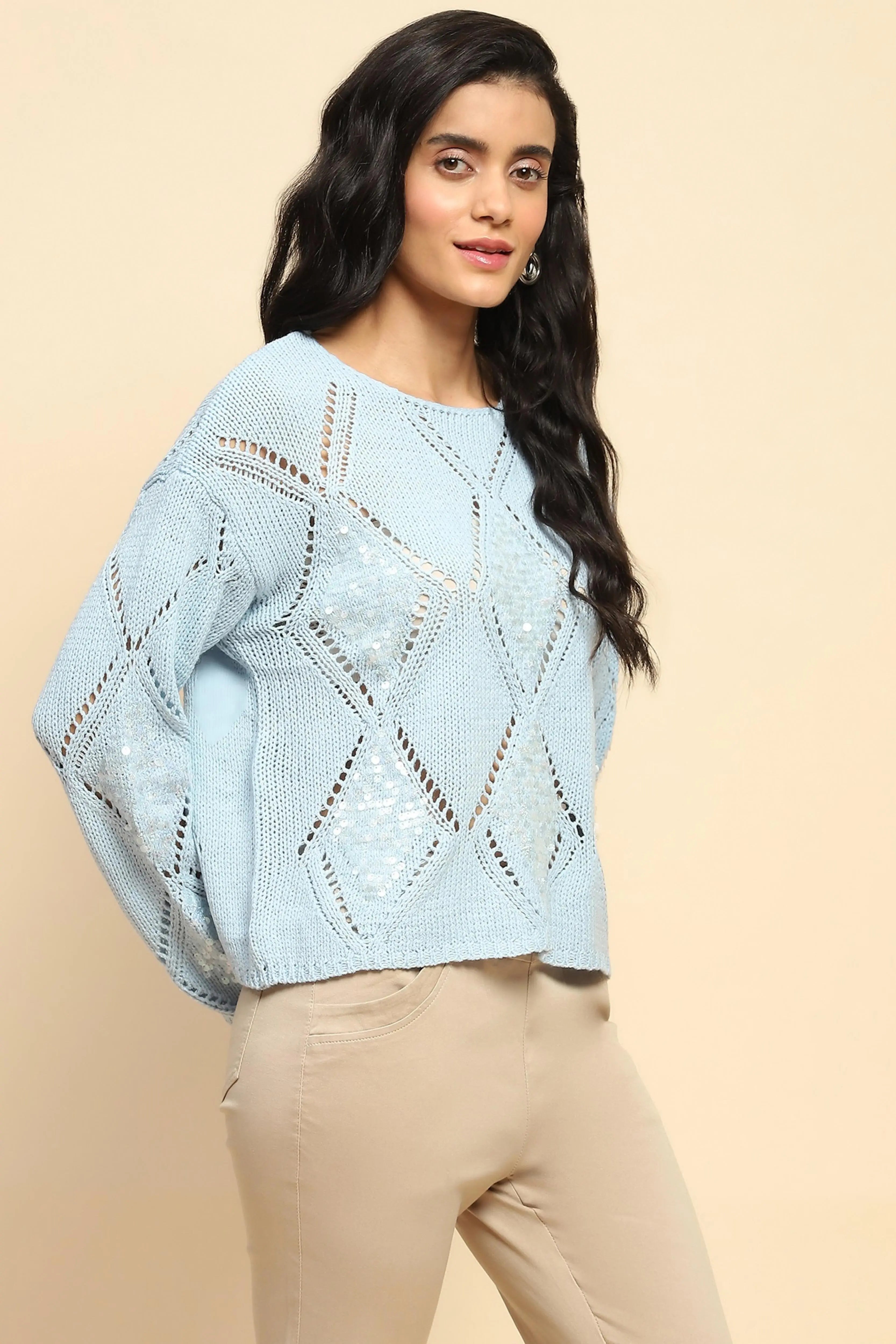 Blue Acrylic Relaxed Fit Winter Pullover - Global Republic