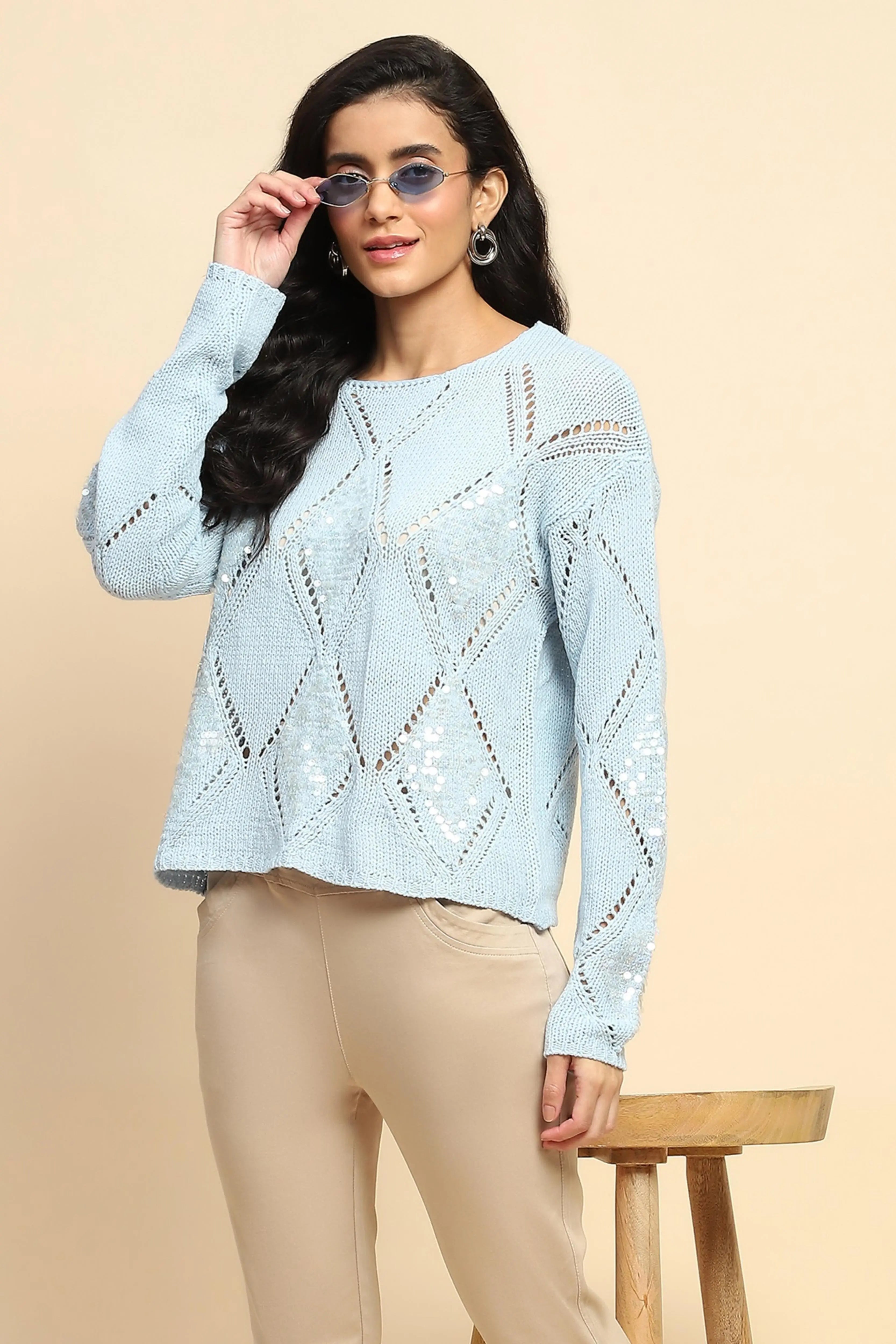 Blue Acrylic Relaxed Fit Winter Pullover - Global Republic