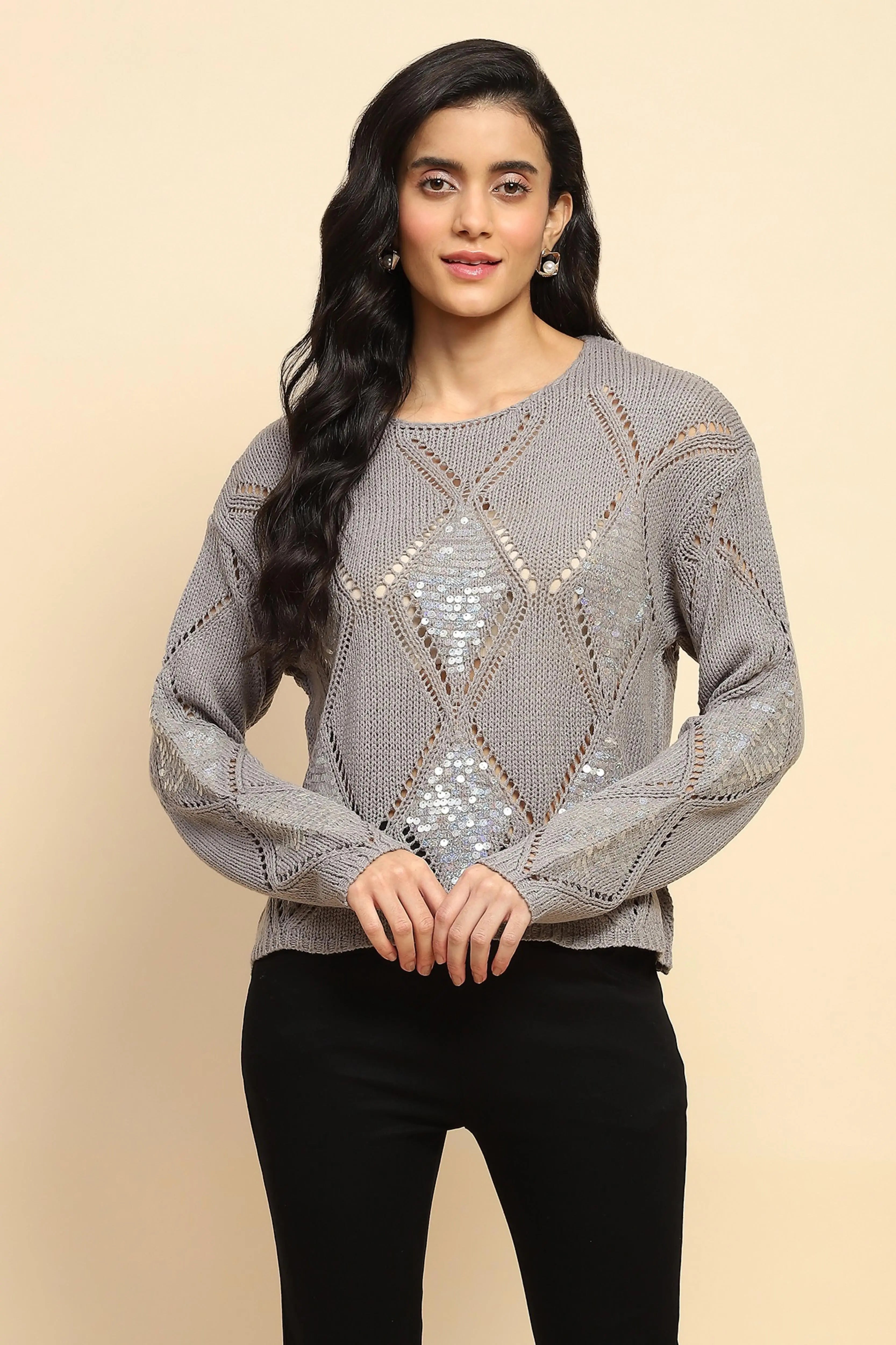 Grey Acrylic Relaxed Fit Pullover - Global Republic