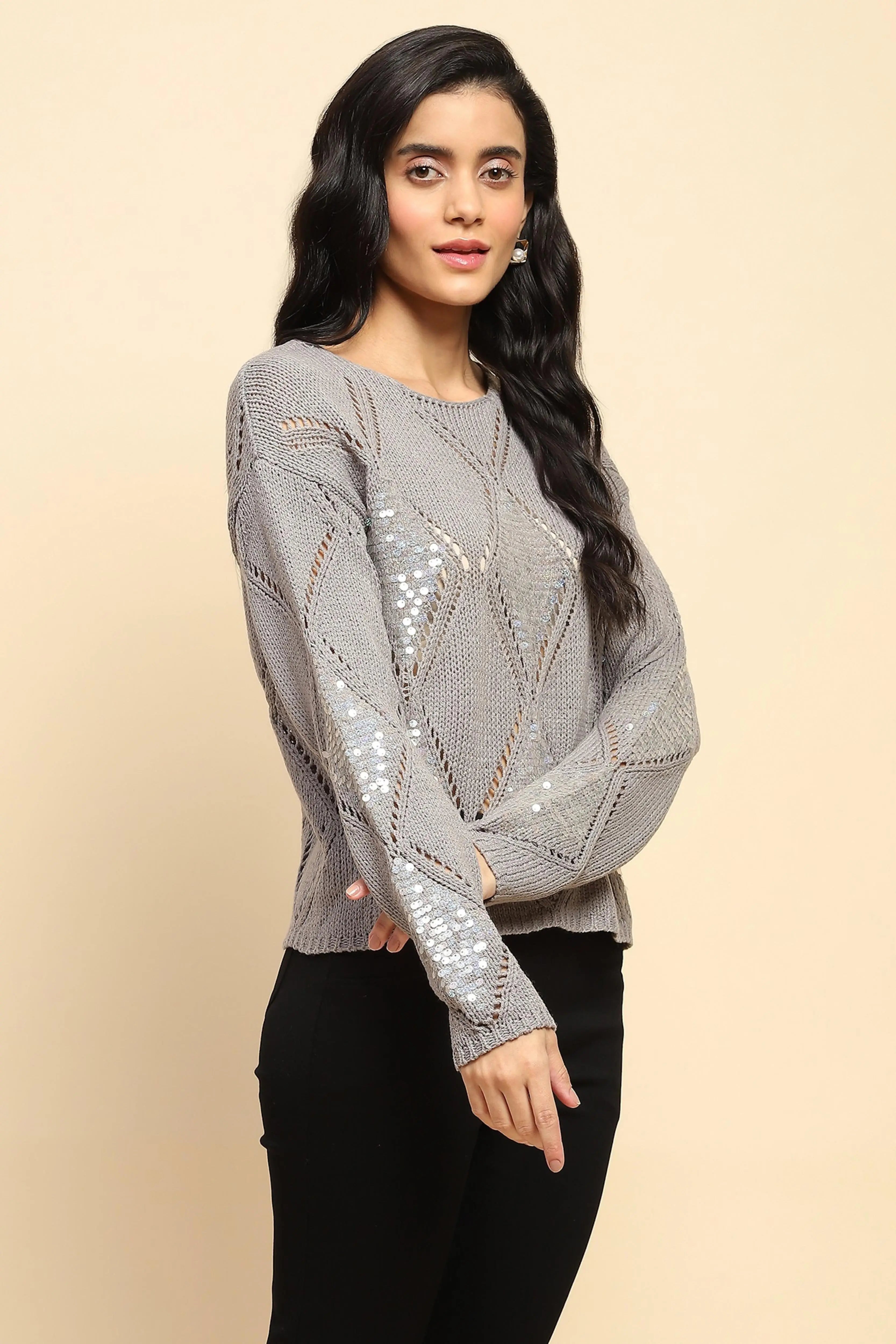 Grey Acrylic Relaxed Fit Pullover - Global Republic