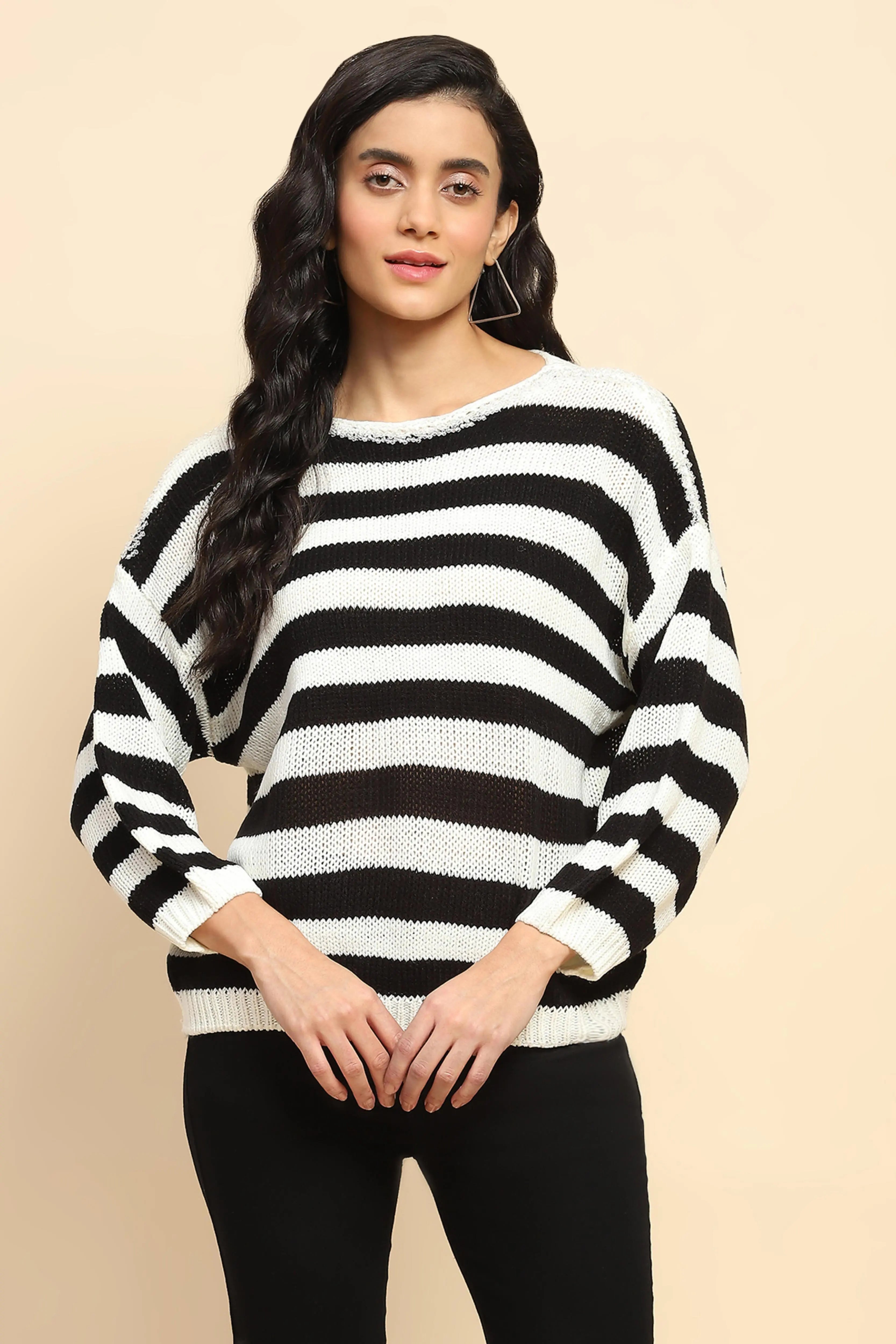 Black Acrylic Relaxed Fit Pullover For Women - Global Republic