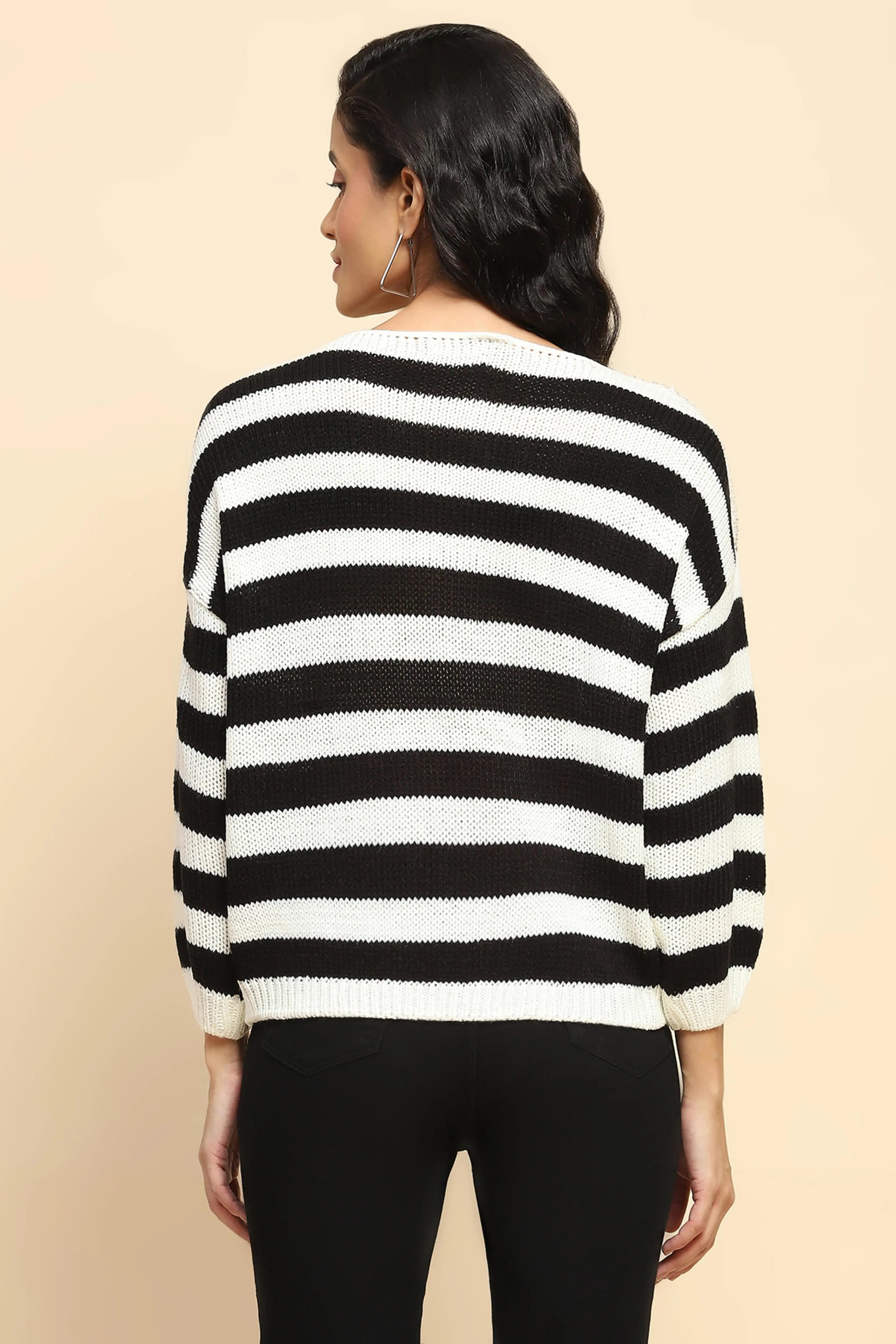 Black Acrylic Relaxed Fit Pullover For Women - Global Republic