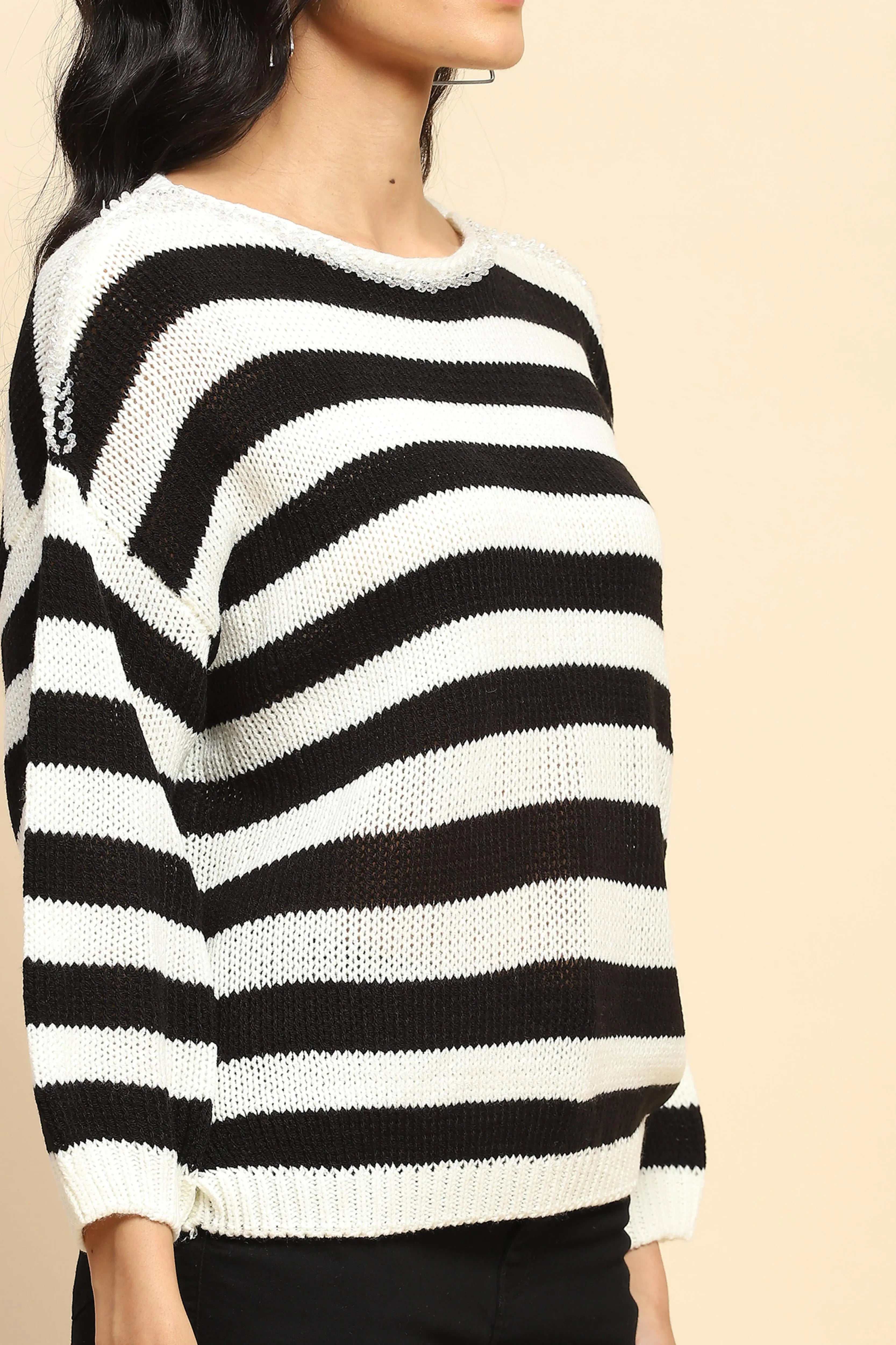 Black Acrylic Relaxed Fit Pullover For Women - Global Republic