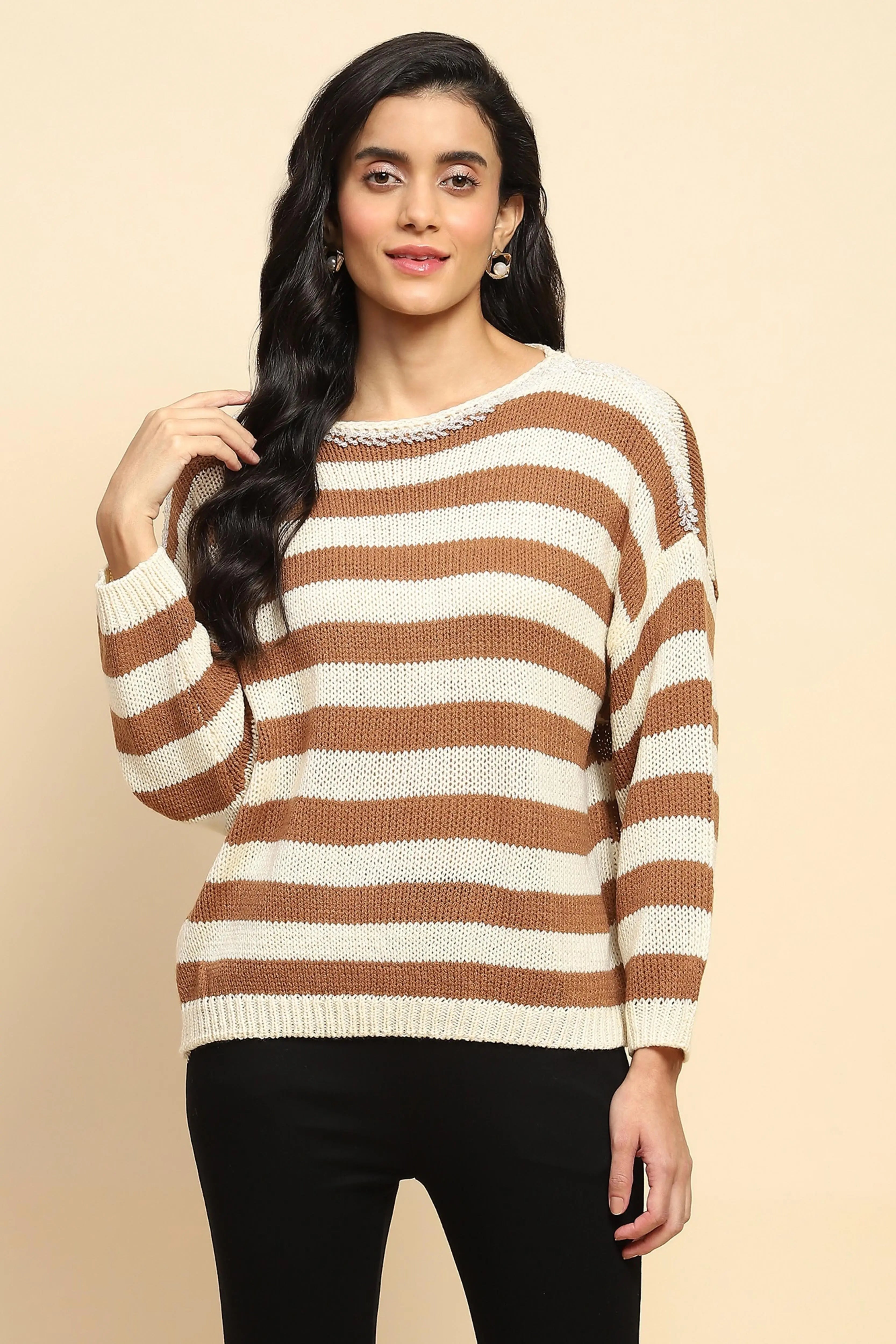 Brown Acrylic Striped Relaxed Pullover - Global Republic