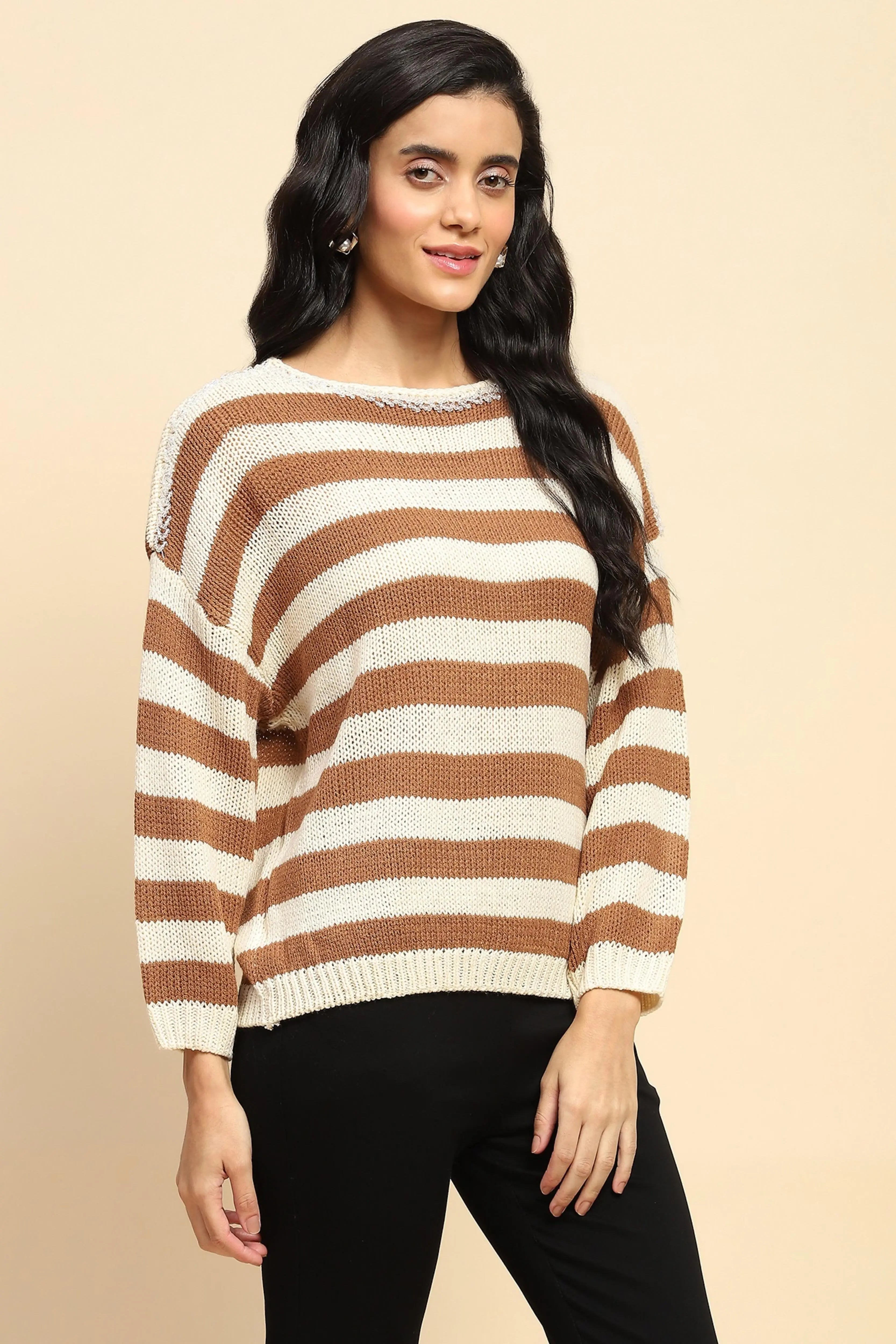Brown Acrylic Striped Relaxed Pullover - Global Republic