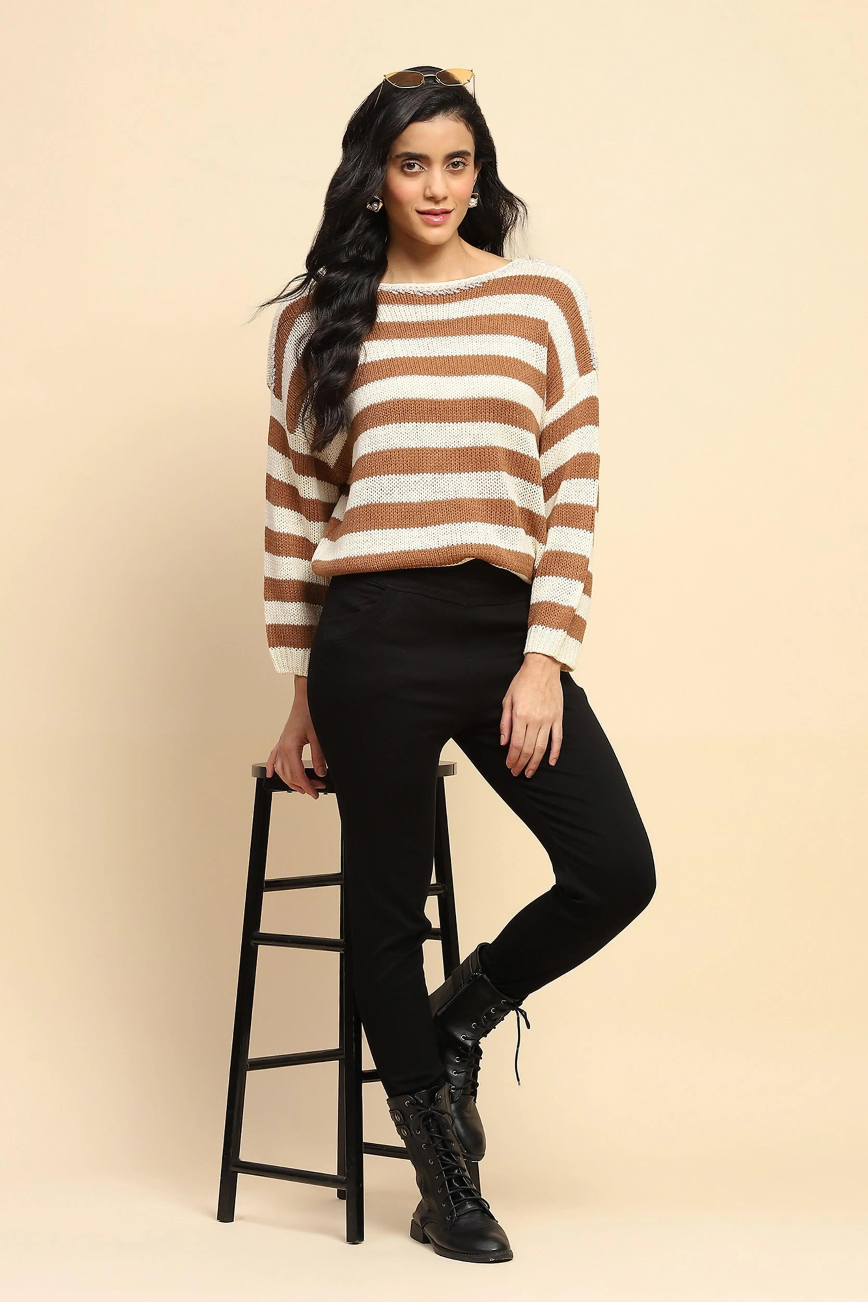Brown Acrylic Striped Relaxed Pullover - Global Republic