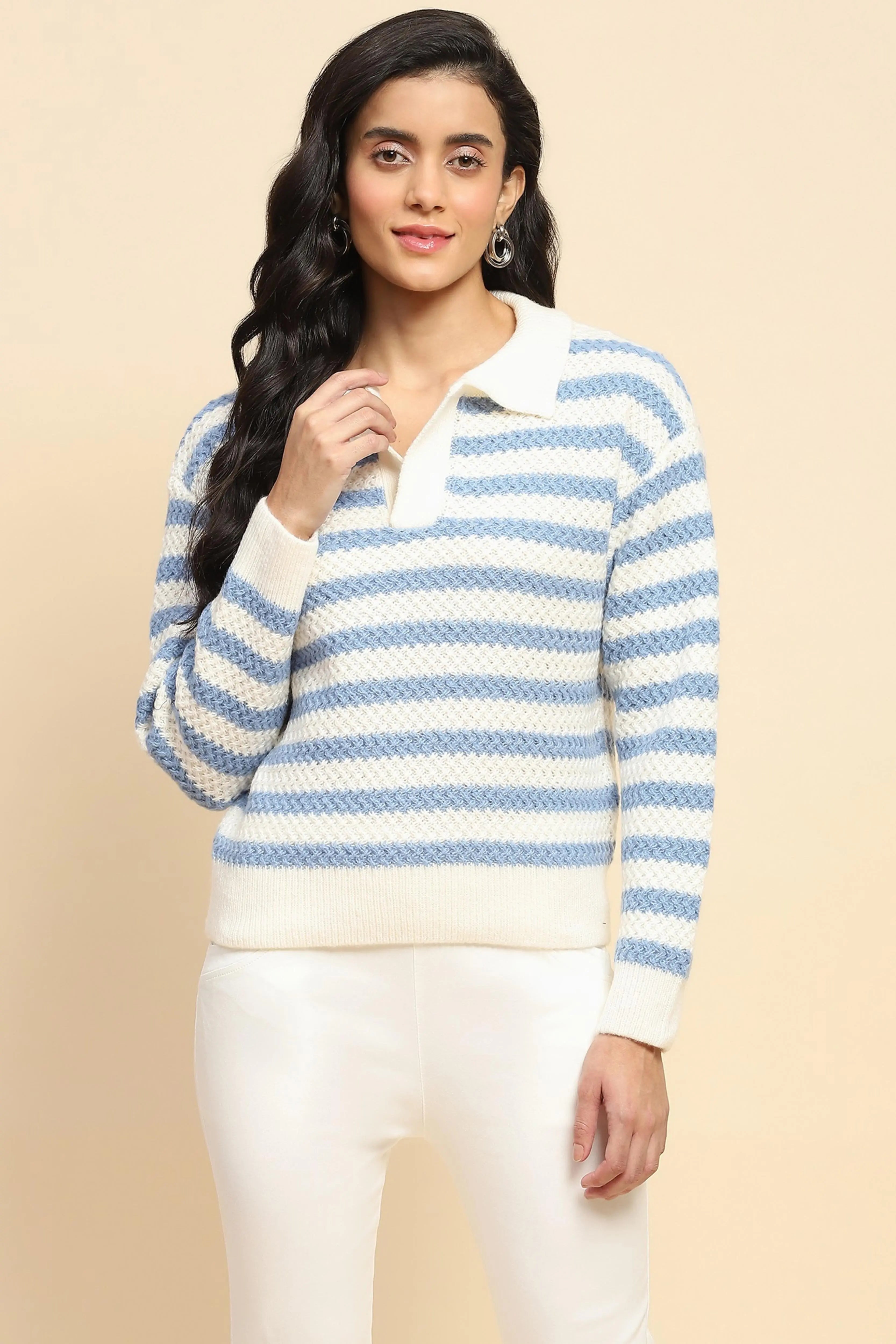 Blue Wool Blend Striped Pullover - Global Republic