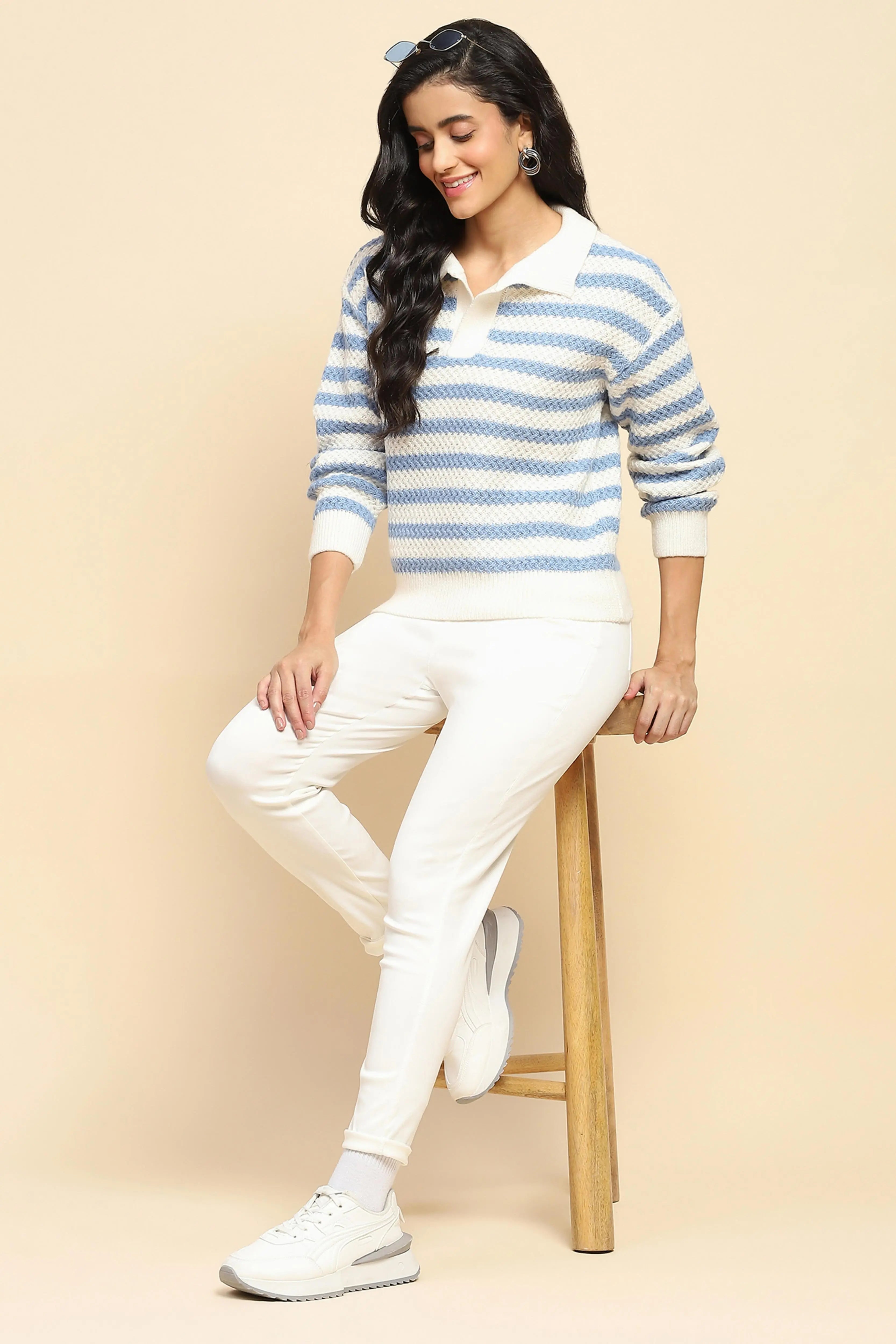 Blue Wool Blend Striped Pullover - Global Republic